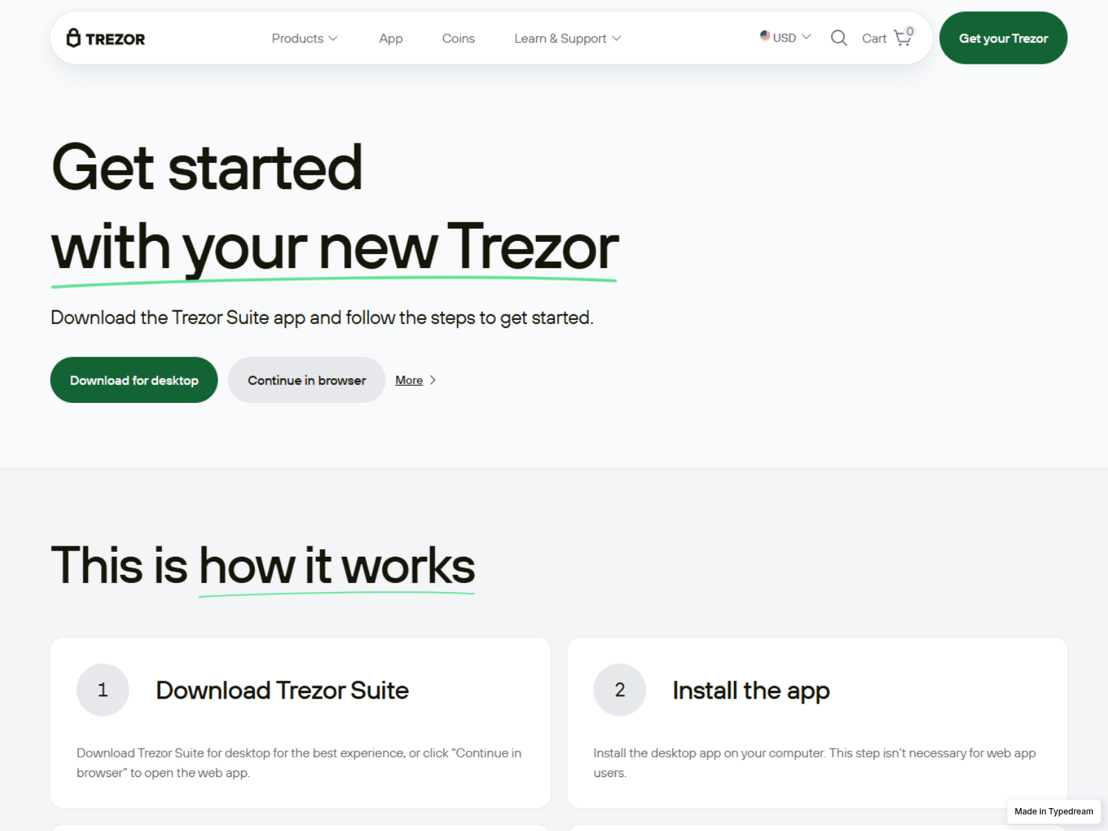 Screenshot of trezor-suite-feq-us.typedream.app