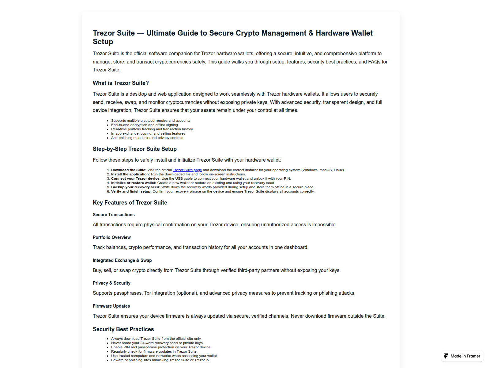 Screenshot of trezarsuite.framer.ai