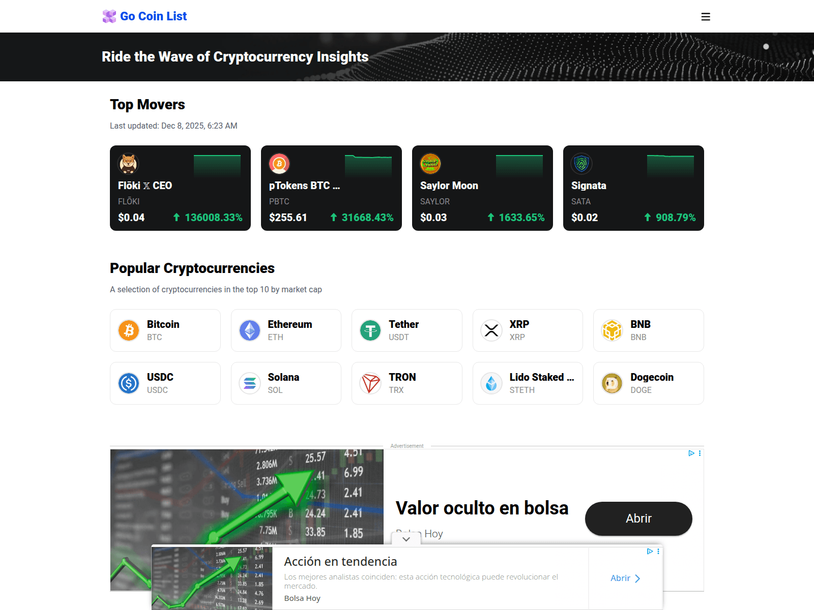 Screenshot of gocoinlist.com
