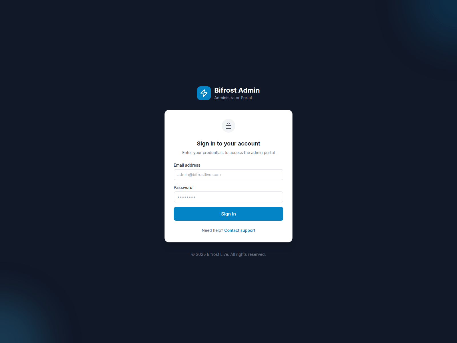 Screenshot of admin.bifrostlive.com