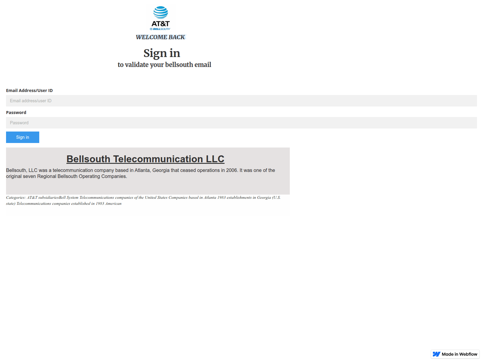 Screenshot of bellsouth-att-sign-in-verification.webflow.io