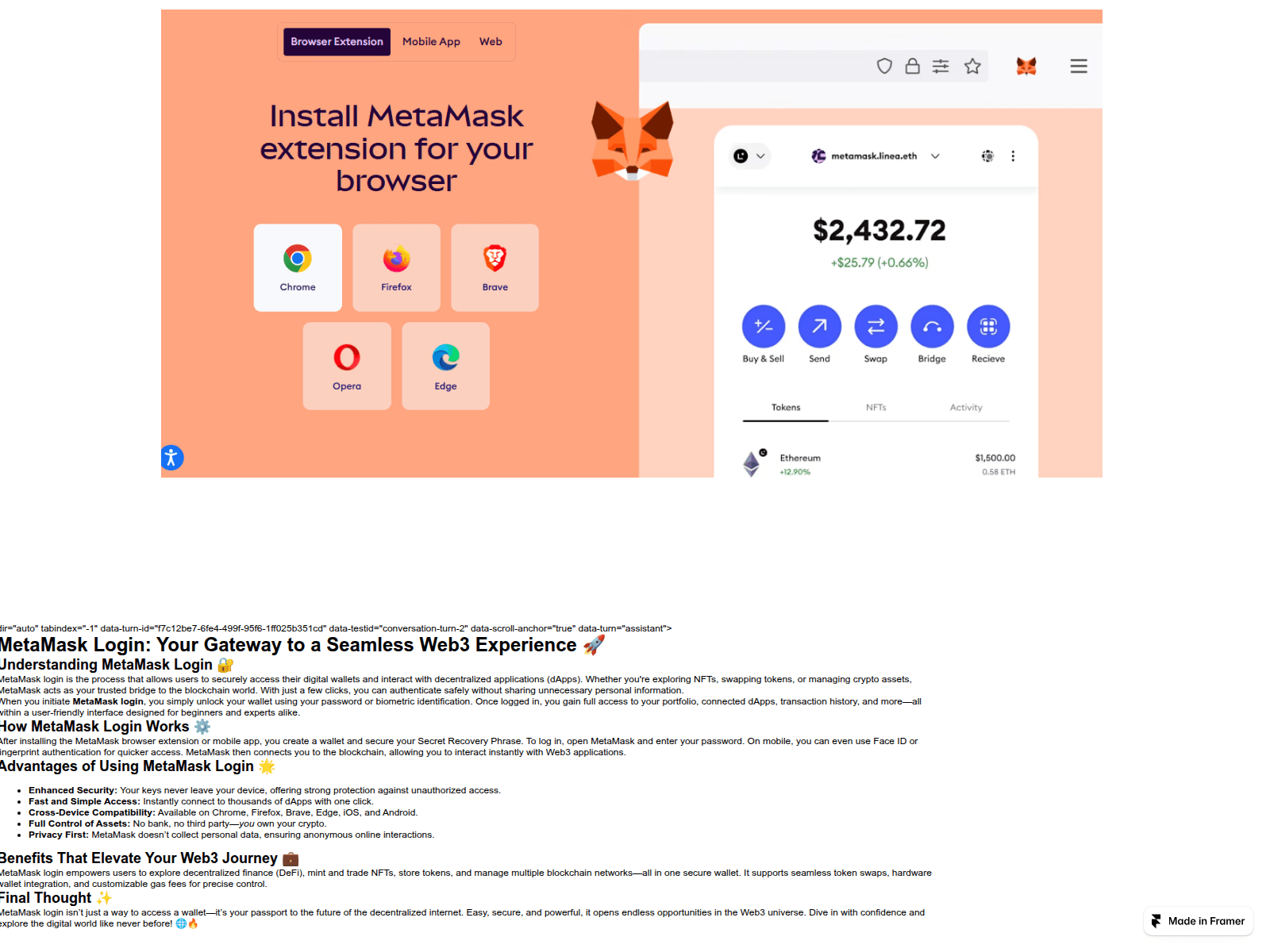 Screenshot of metamaskwelcome-wel.framer.ai