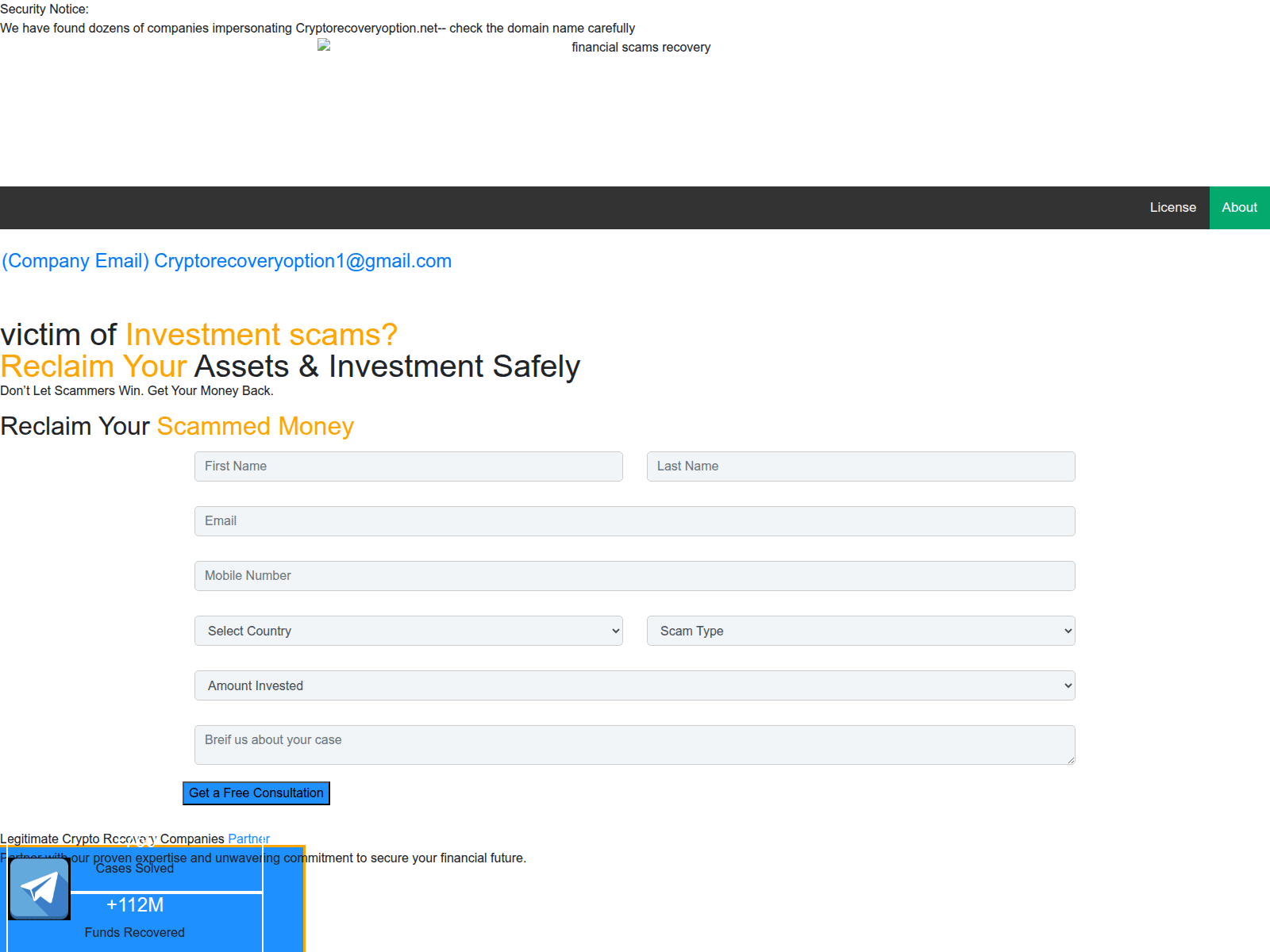 Screenshot of cryptorecoveryoption.net/details/campaign/cryptocurrency-scams