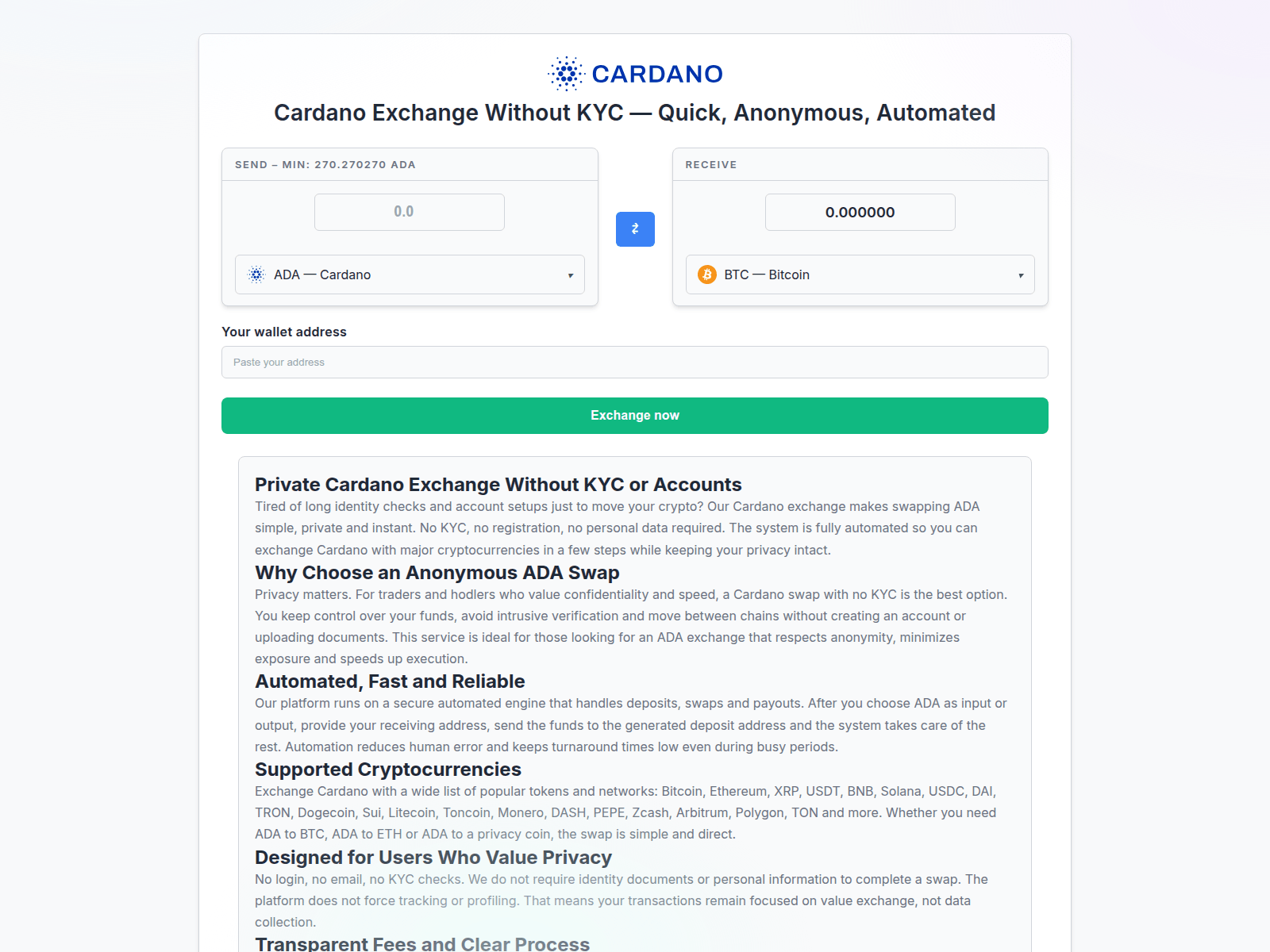 Screenshot of cardano-change.com