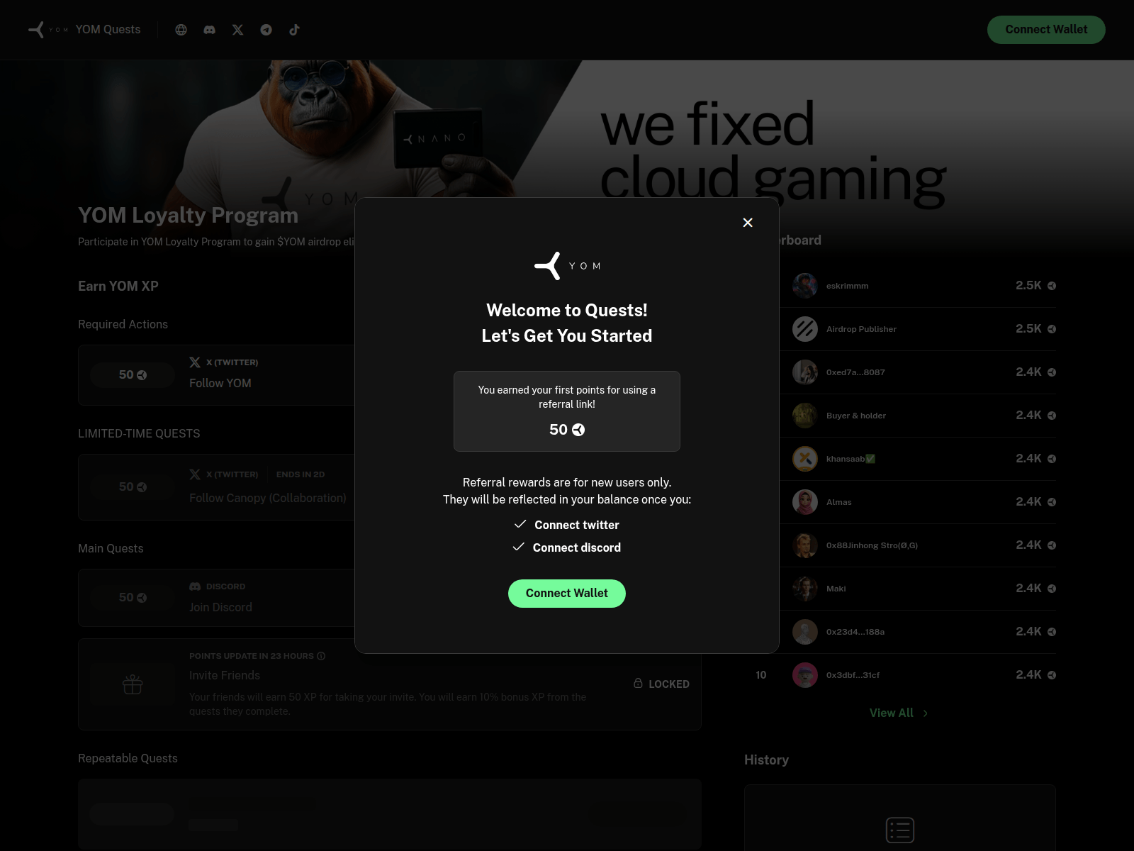 Screenshot of quests.yom.finance