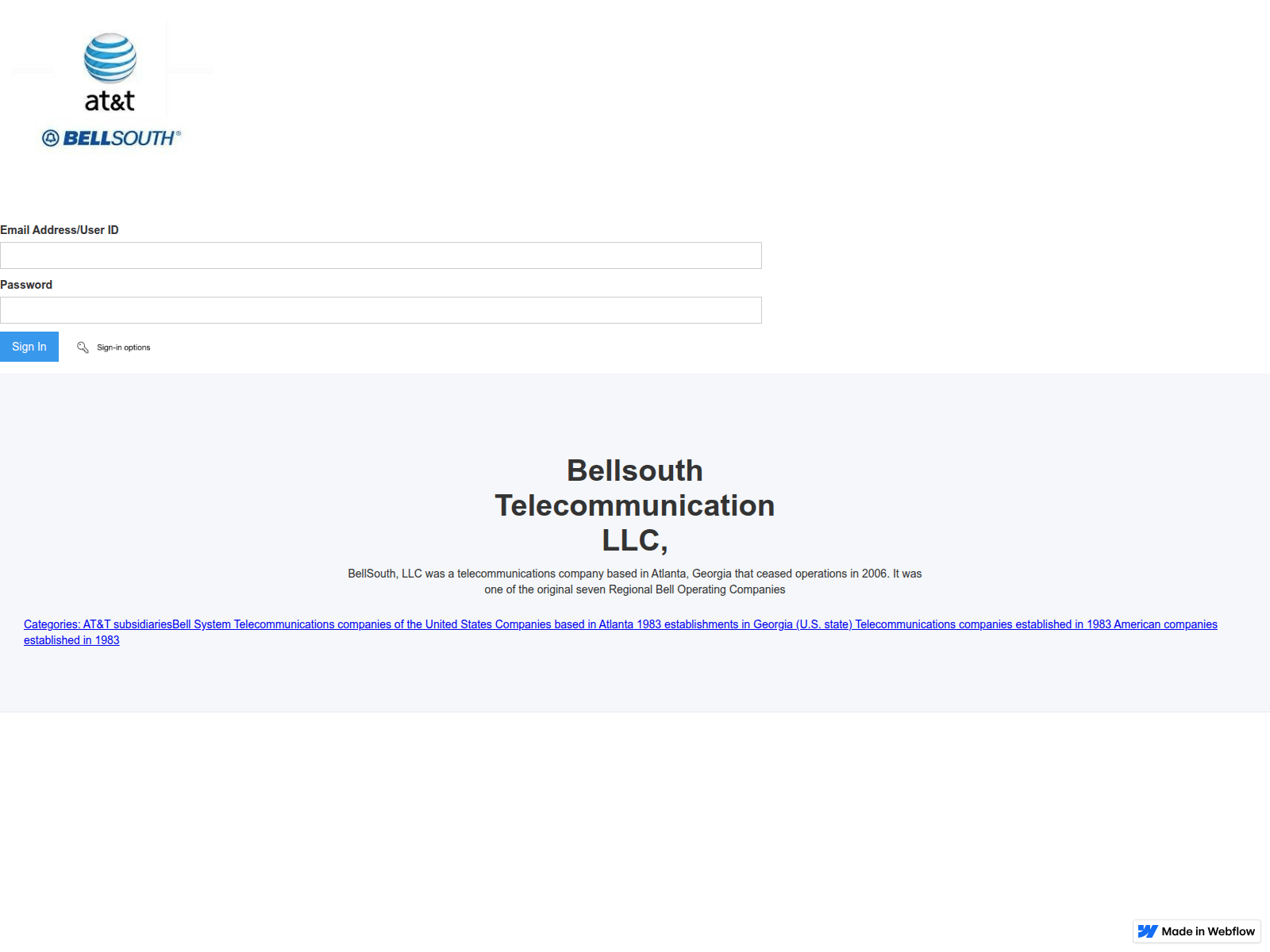Screenshot of bellsouth-att-sign-in-4e0e0b.webflow.io