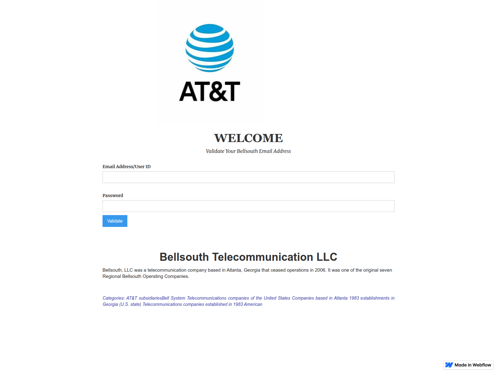 Screenshot of bellsouth-att-validation-sign-in-site.webflow.io