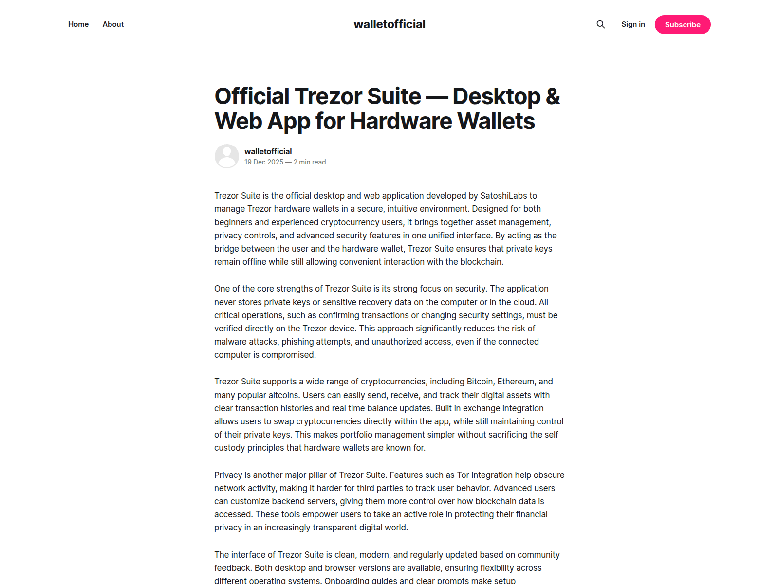 Screenshot of walletofficial.ghost.io/trezor-suite
