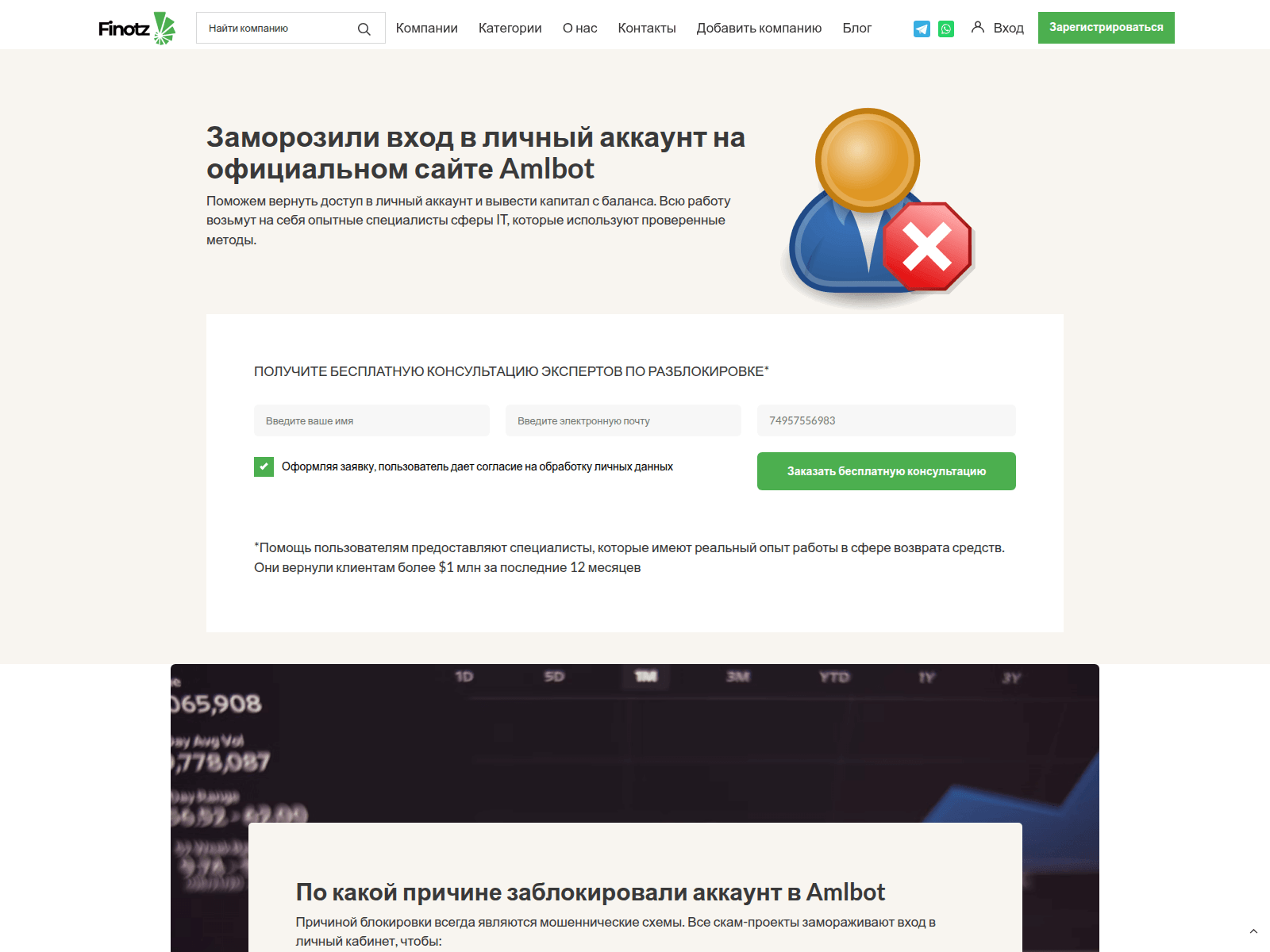 Screenshot of finotz.com/company/blocked-account/amlbot