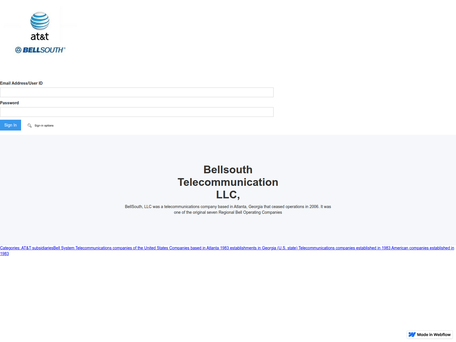 Screenshot of bellsouth-att-sign-in-033b77.webflow.io