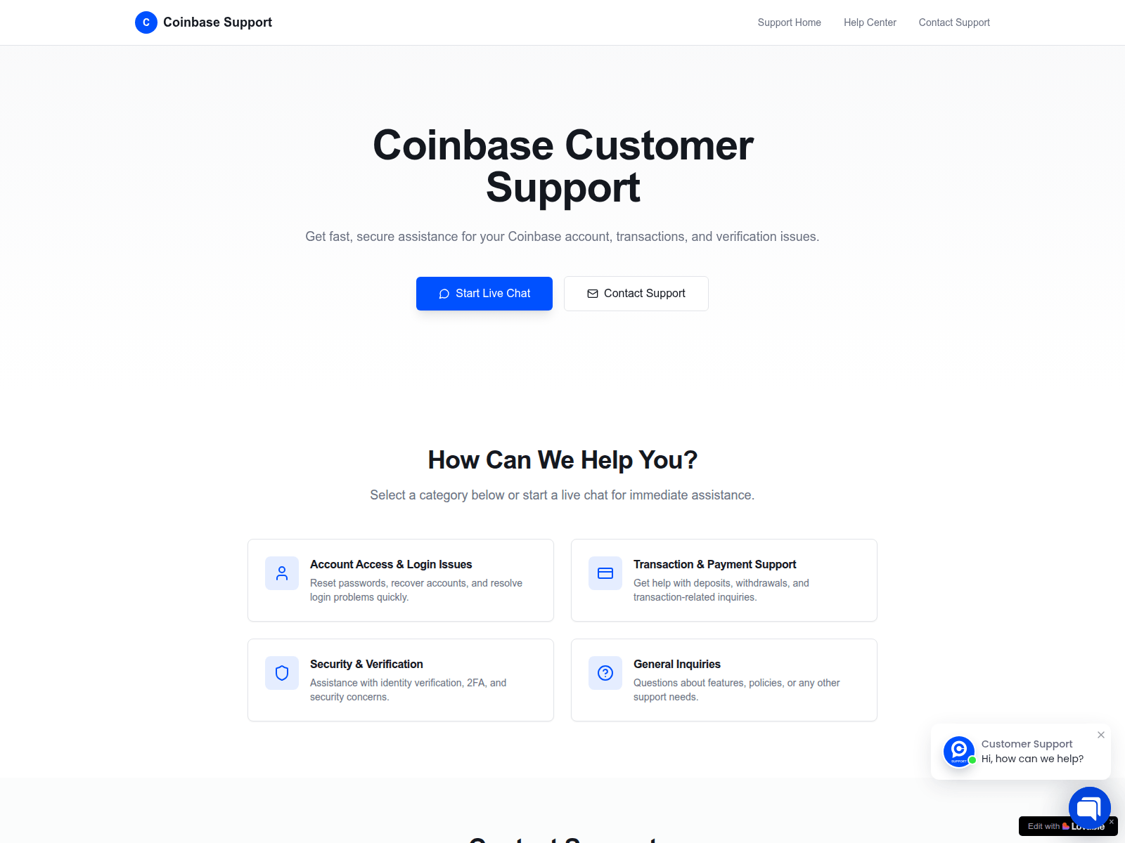 Screenshot of coinbase-supportcenter-247-assistance.lovable.app
