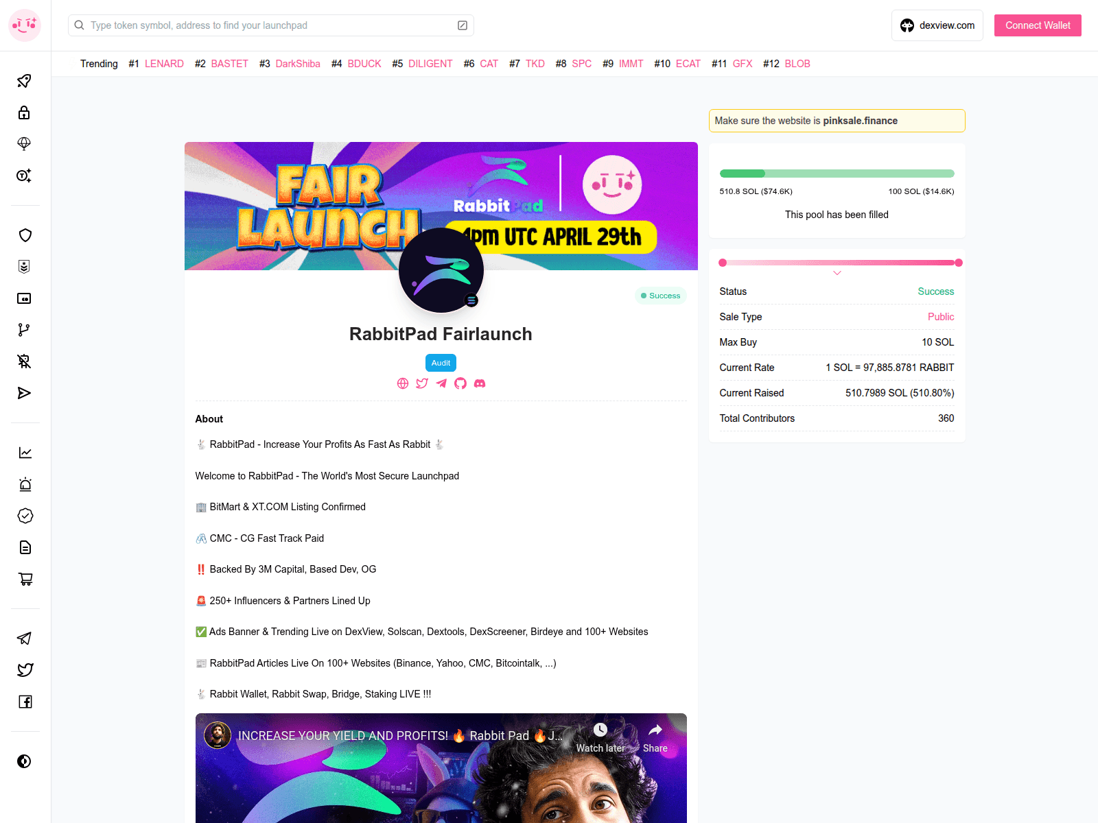 Screenshot of pinksale-finance-solana-launchpadrabbitpad.pages.dev
