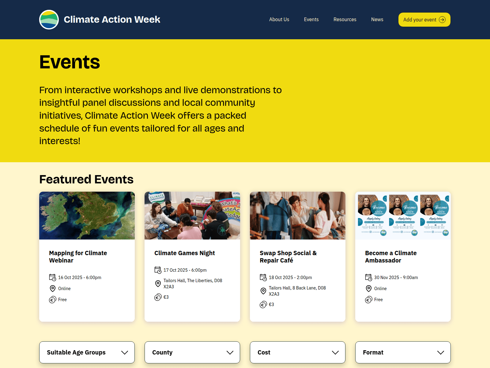 Screenshot of climateactionweek.ie/events
