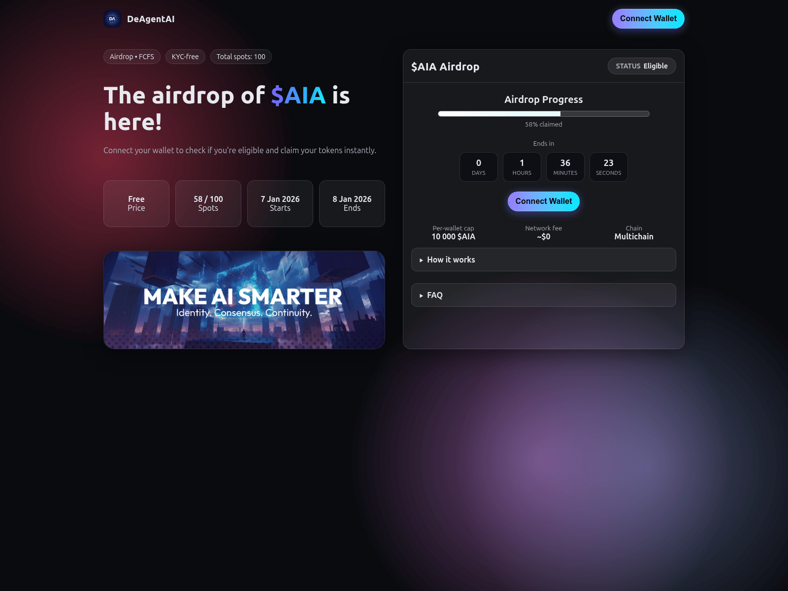 Screenshot of deagentai.info/evm-claim