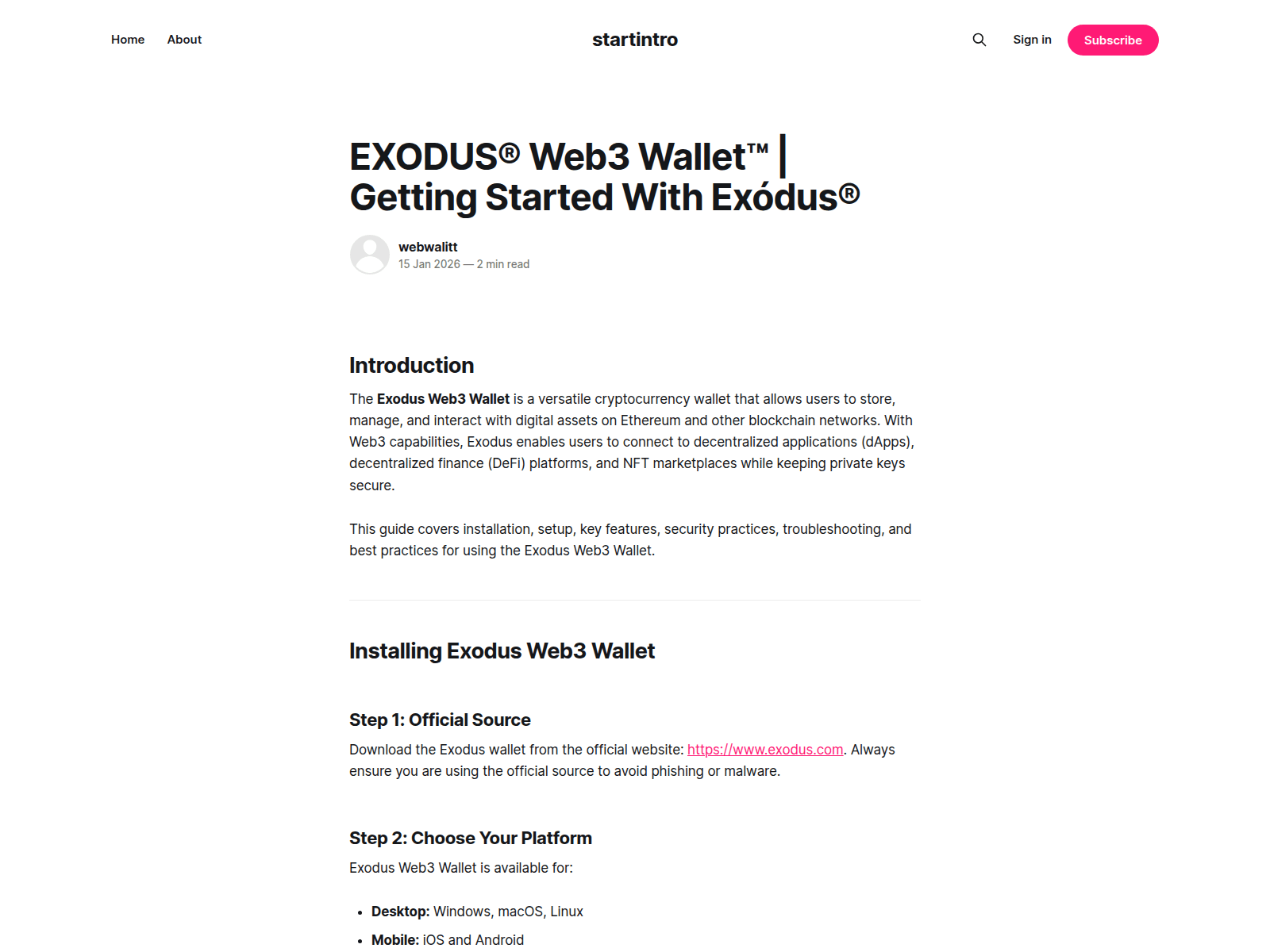 Screenshot of startintro.ghost.io/exodus