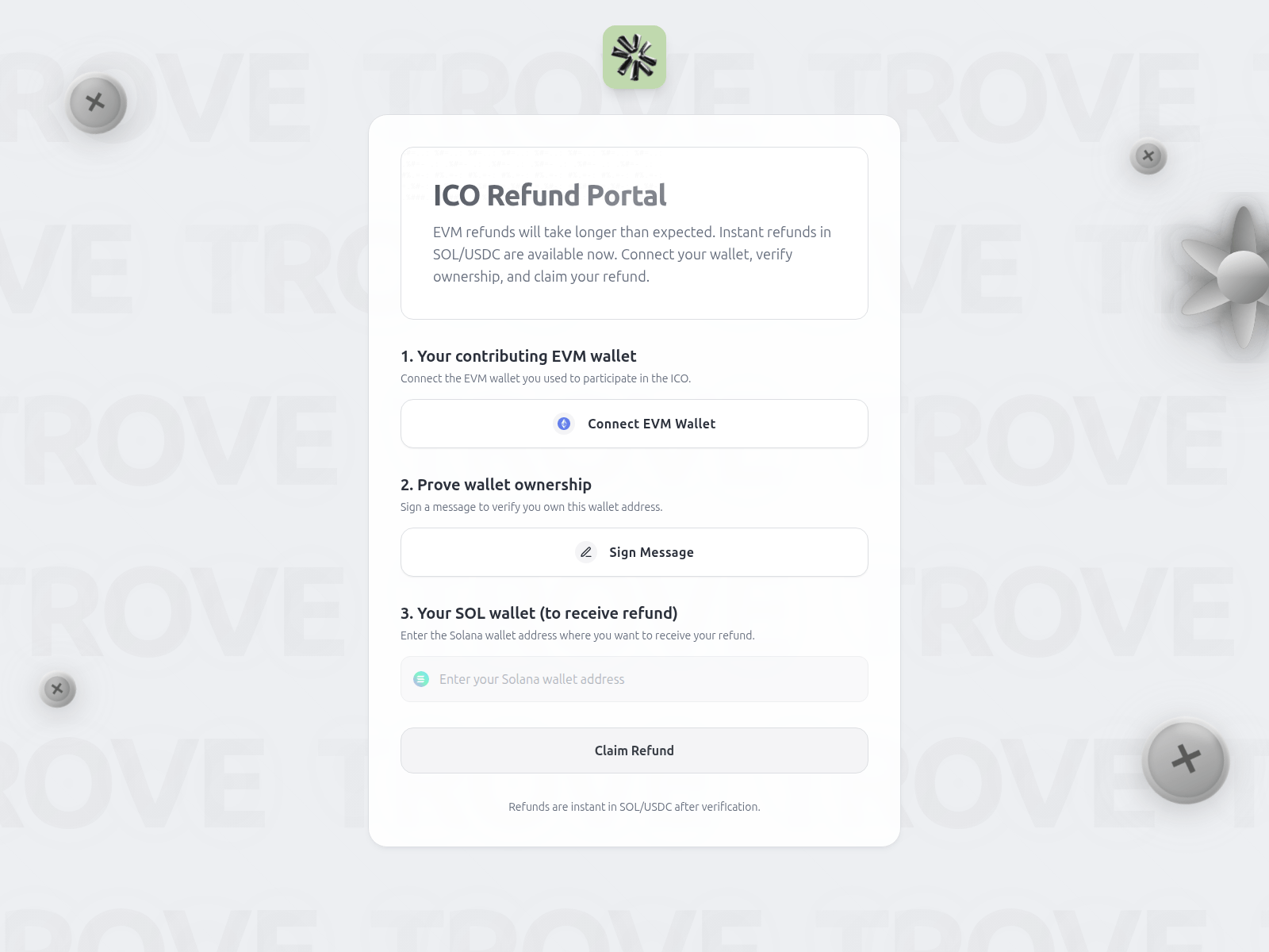 Screenshot of trovemarkets.claims