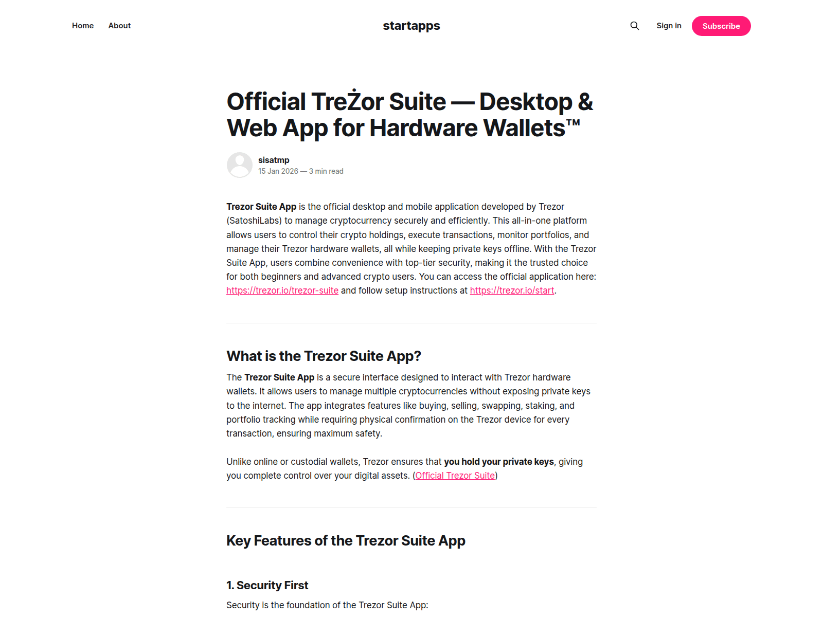 Screenshot of en-webstarted.ghost.io/trezor-suite