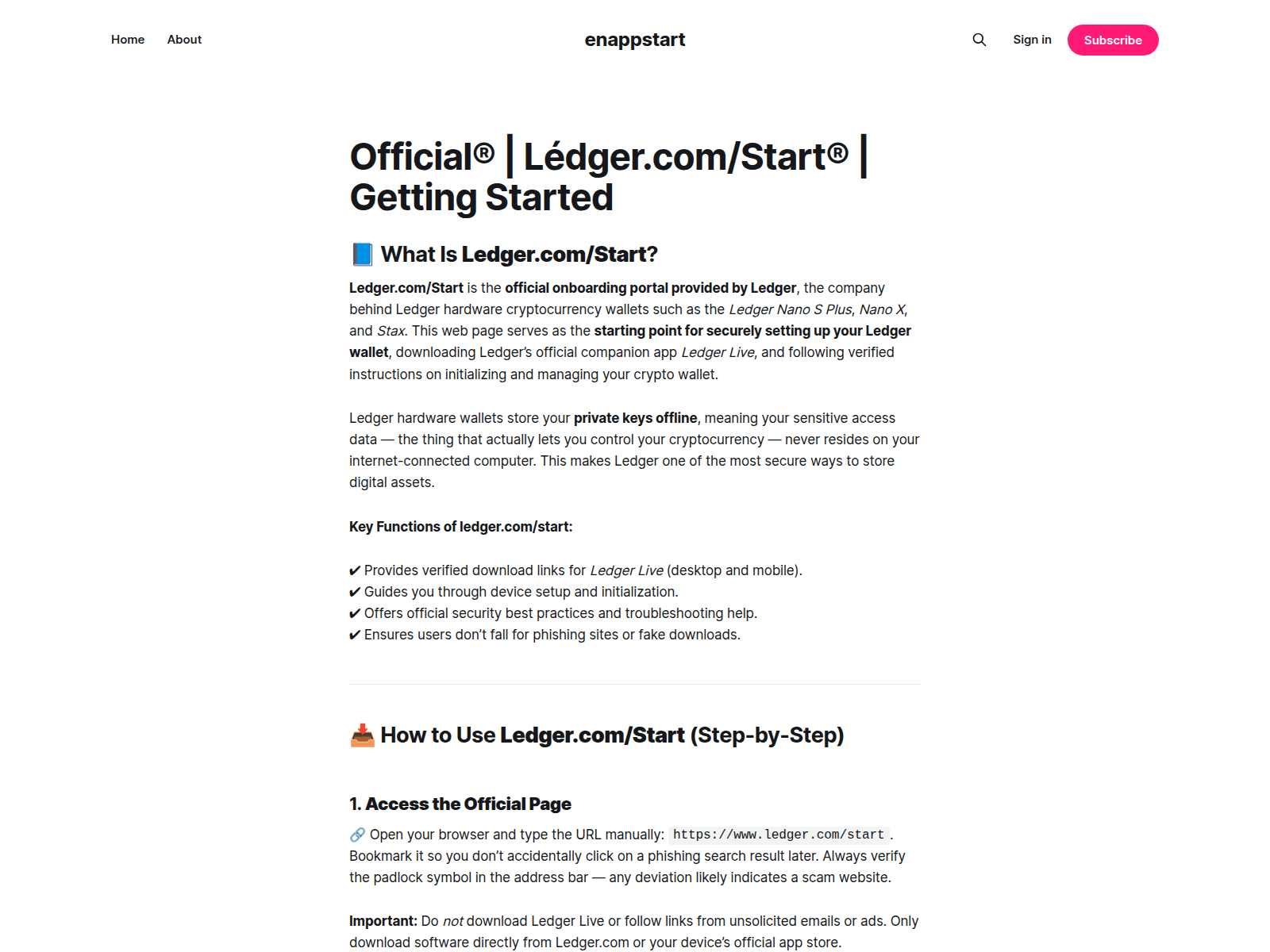 Screenshot of enappstart.ghost.io/ledger