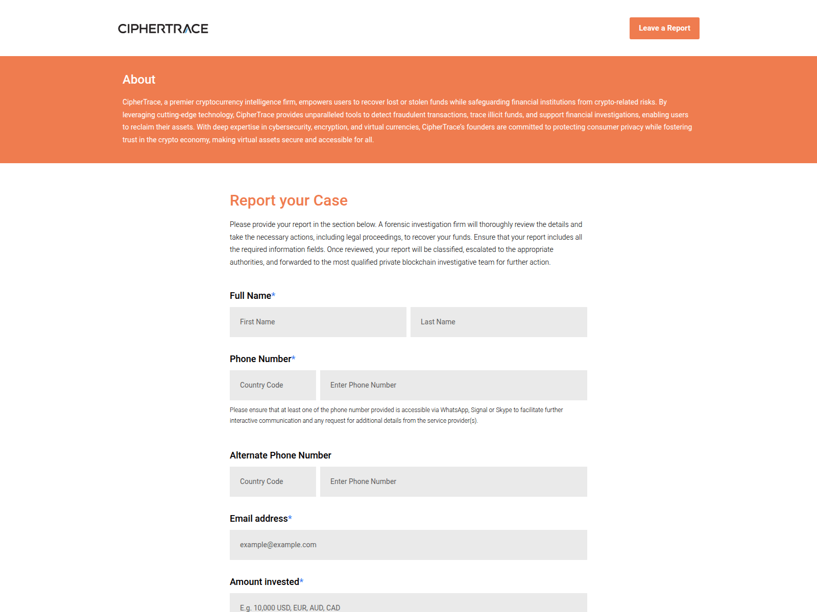Screenshot of ciphertrace.report
