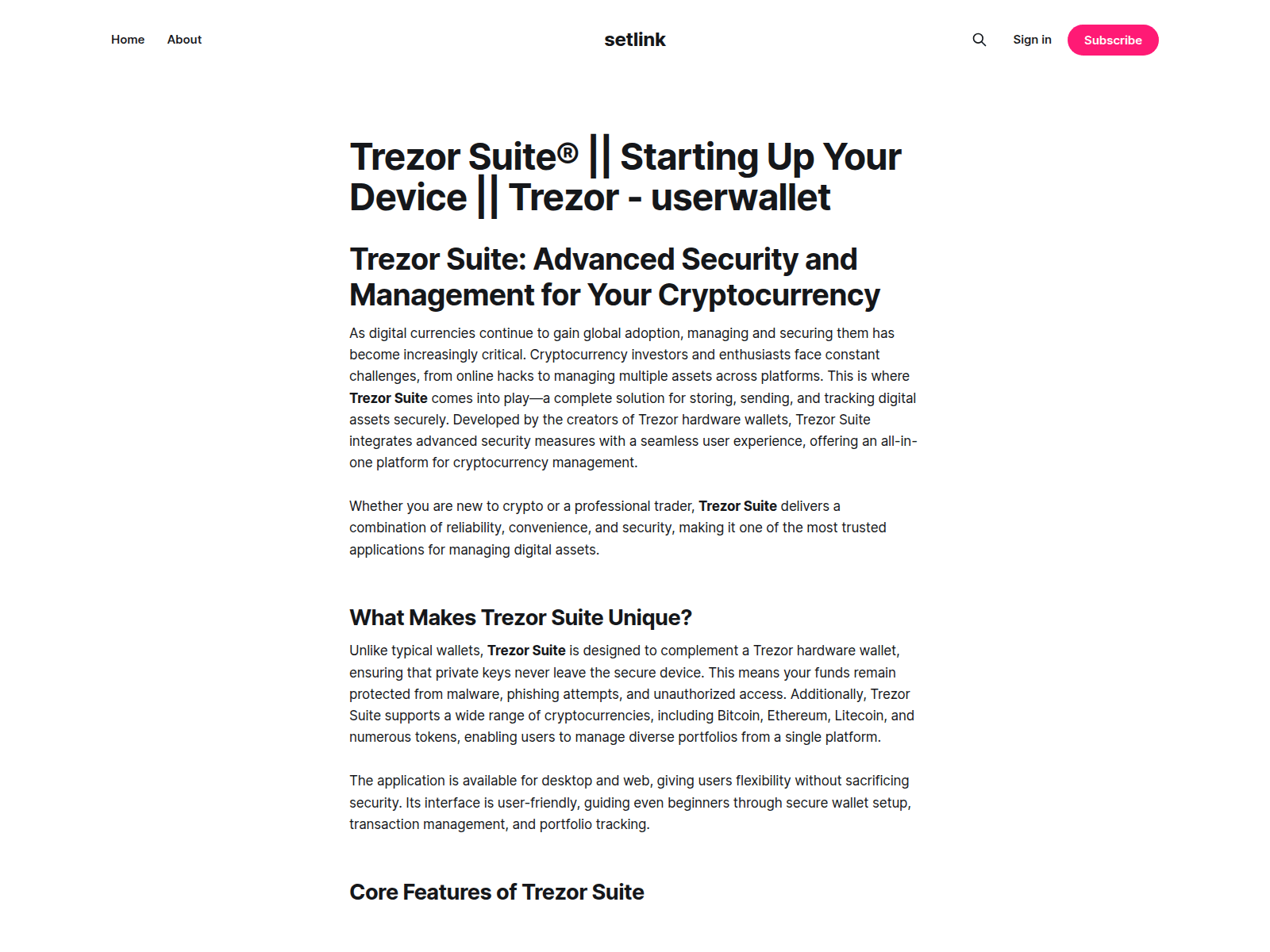 Screenshot of setlink.ghost.io/trezorsuitess