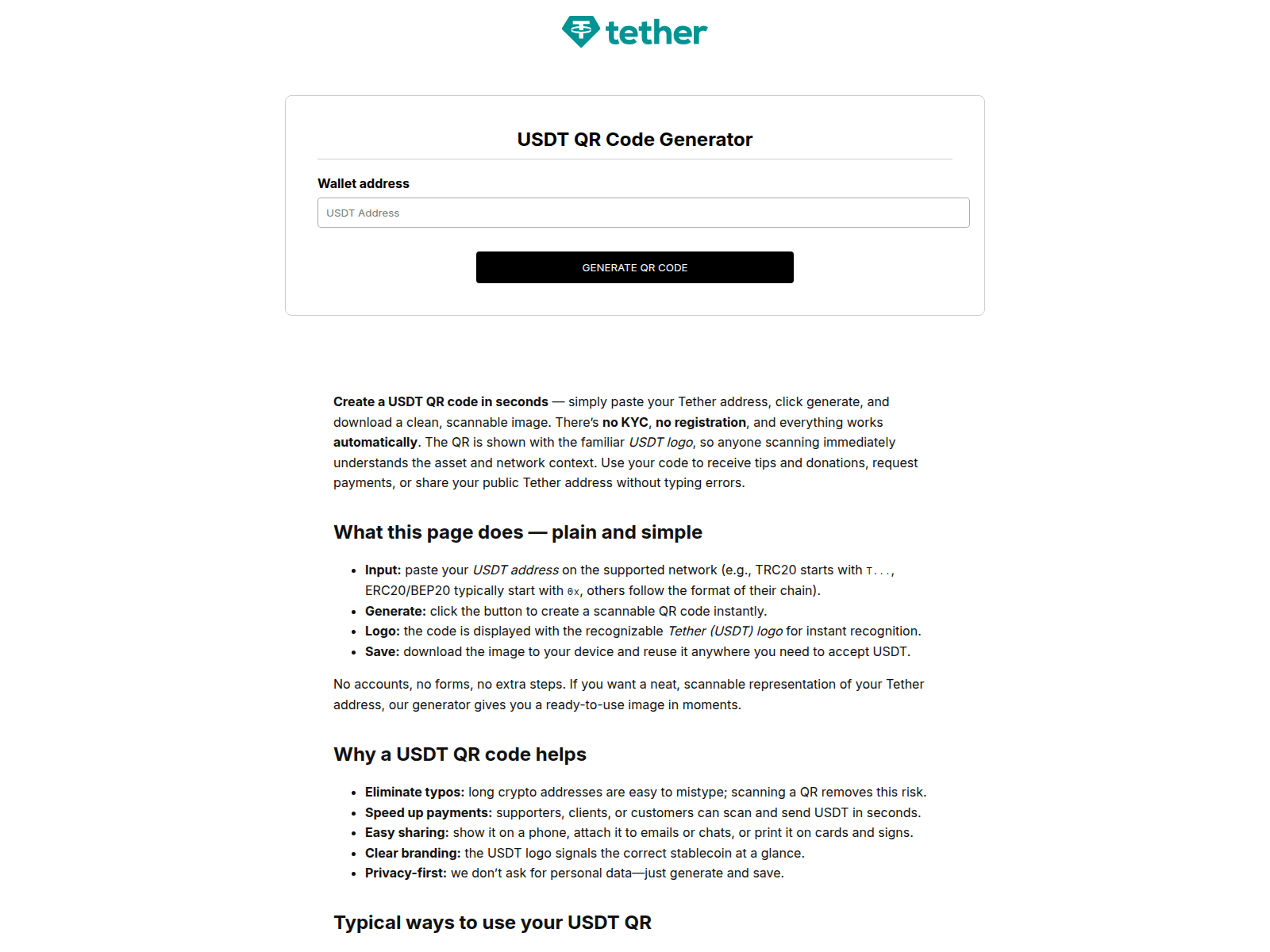 Screenshot of usdt-qr-code-generators.com