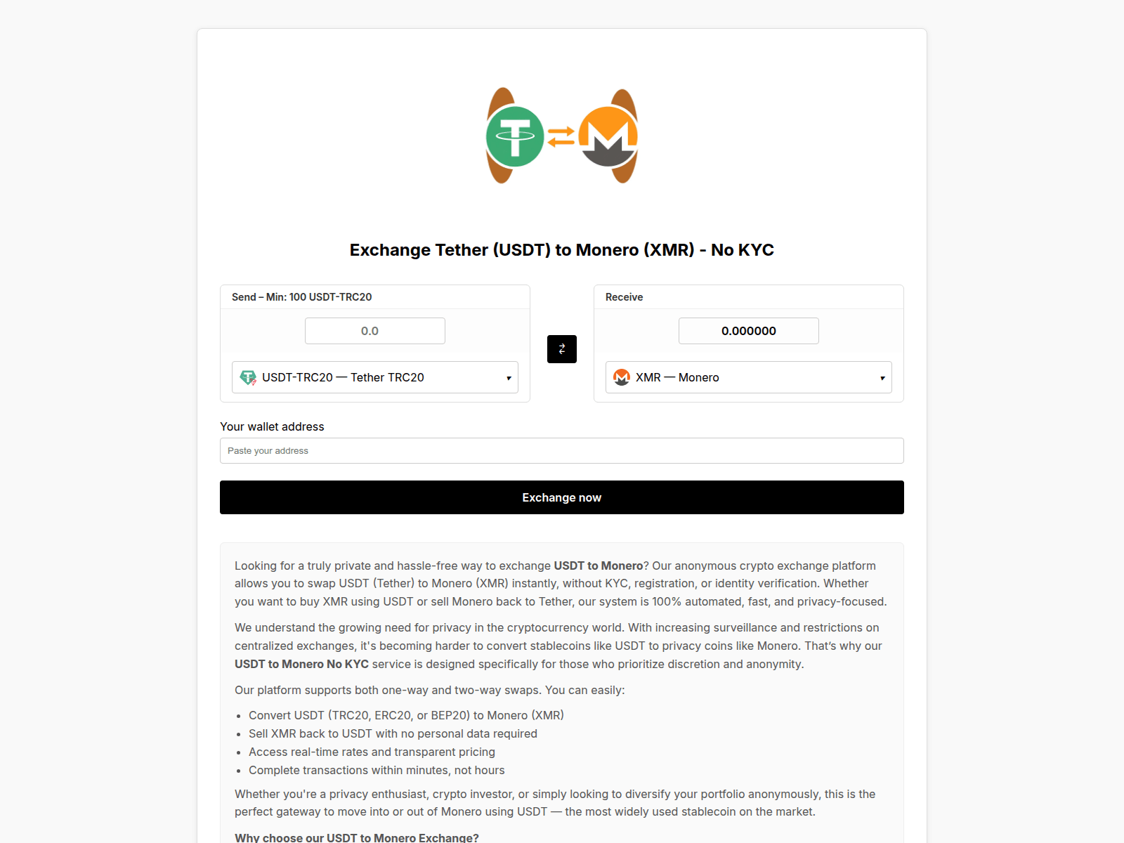 Screenshot of usdt-to-monero.exchange