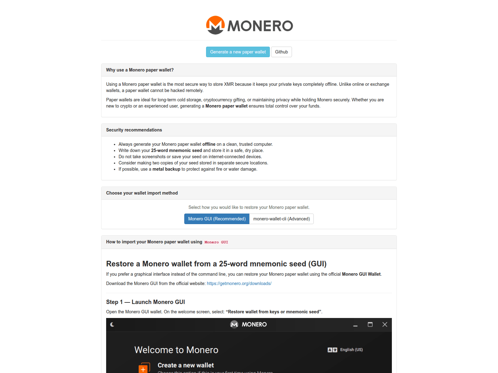 Screenshot of moneropaperwallet.com