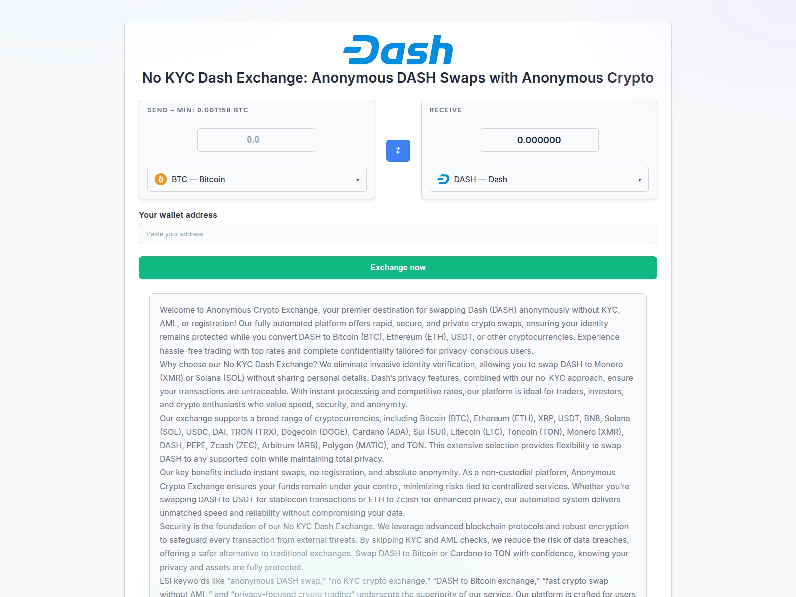 Screenshot of dash-nokyc.exchange