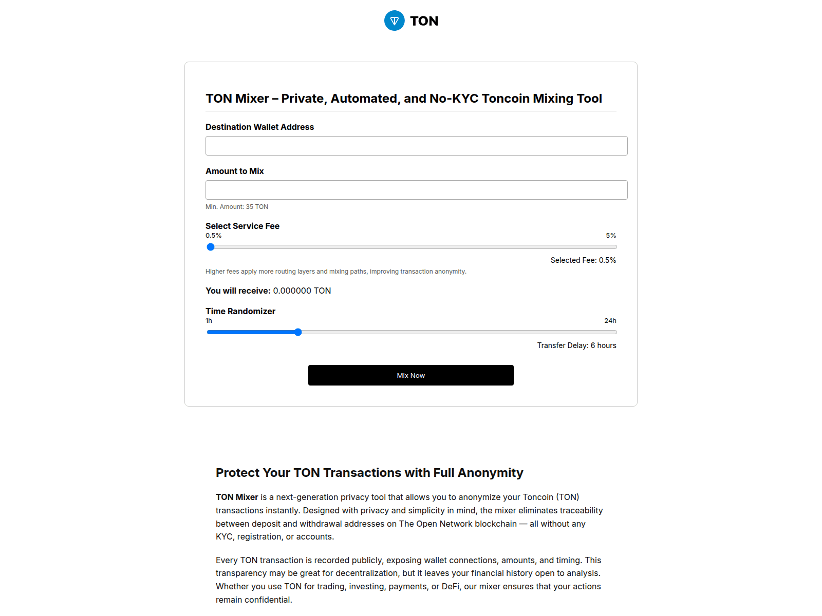 Screenshot of toncoinmixer.com