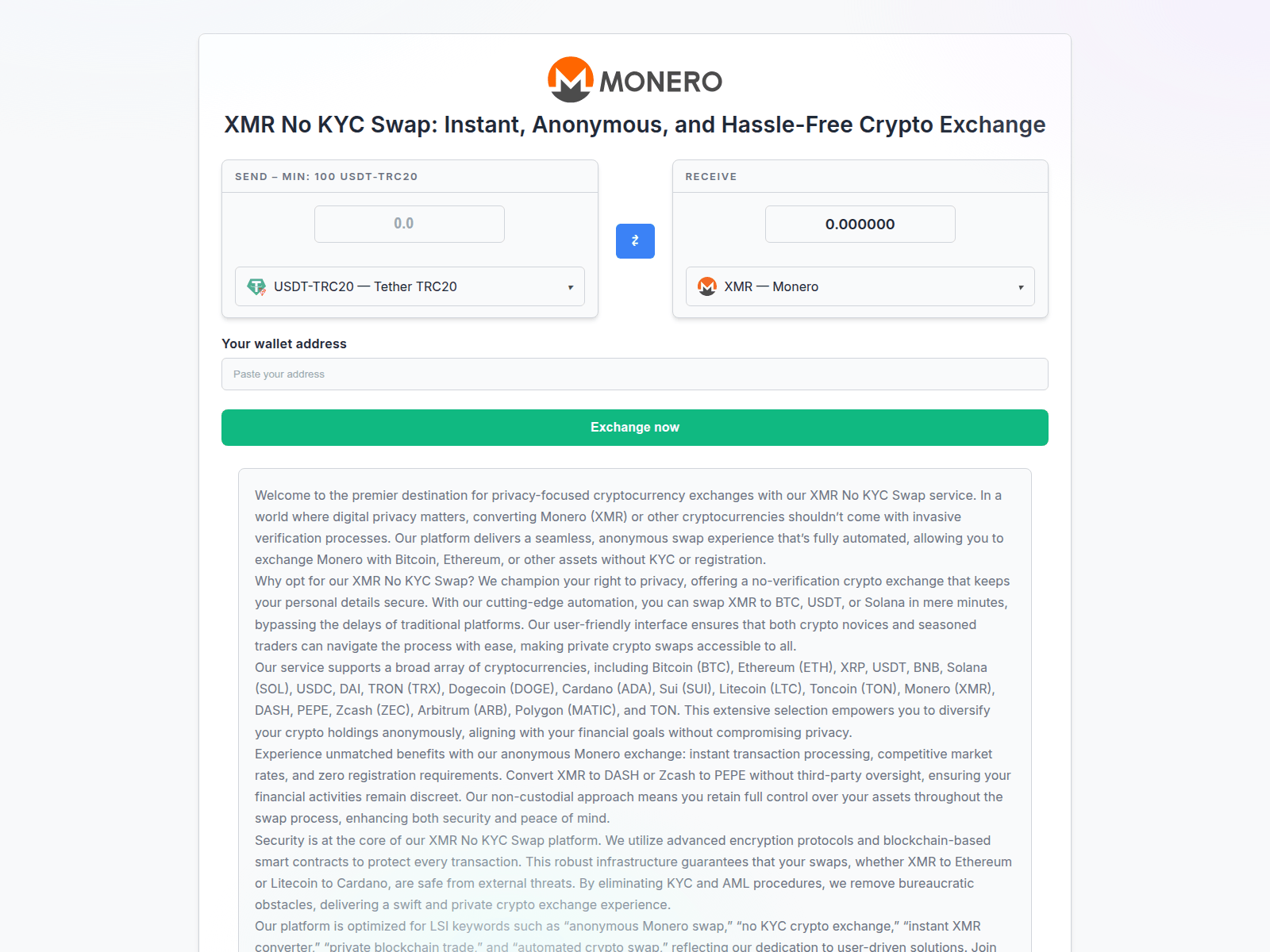 Screenshot of xmr-no-kyc.exchange