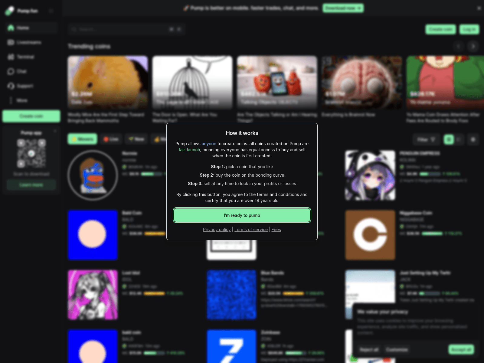 Screenshot of 20pump.fun/coin/8jx8aahj86wbqgutjguj6gttl5ps3cqxkrtvpajapump