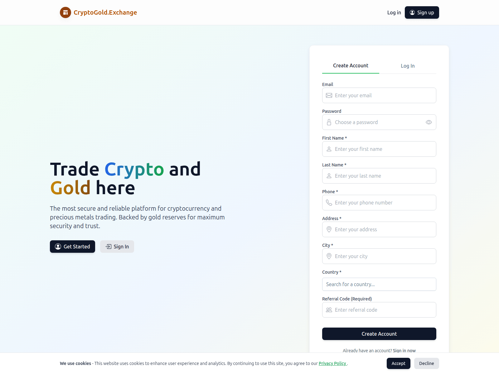 Screenshot of cryptogold.exchange