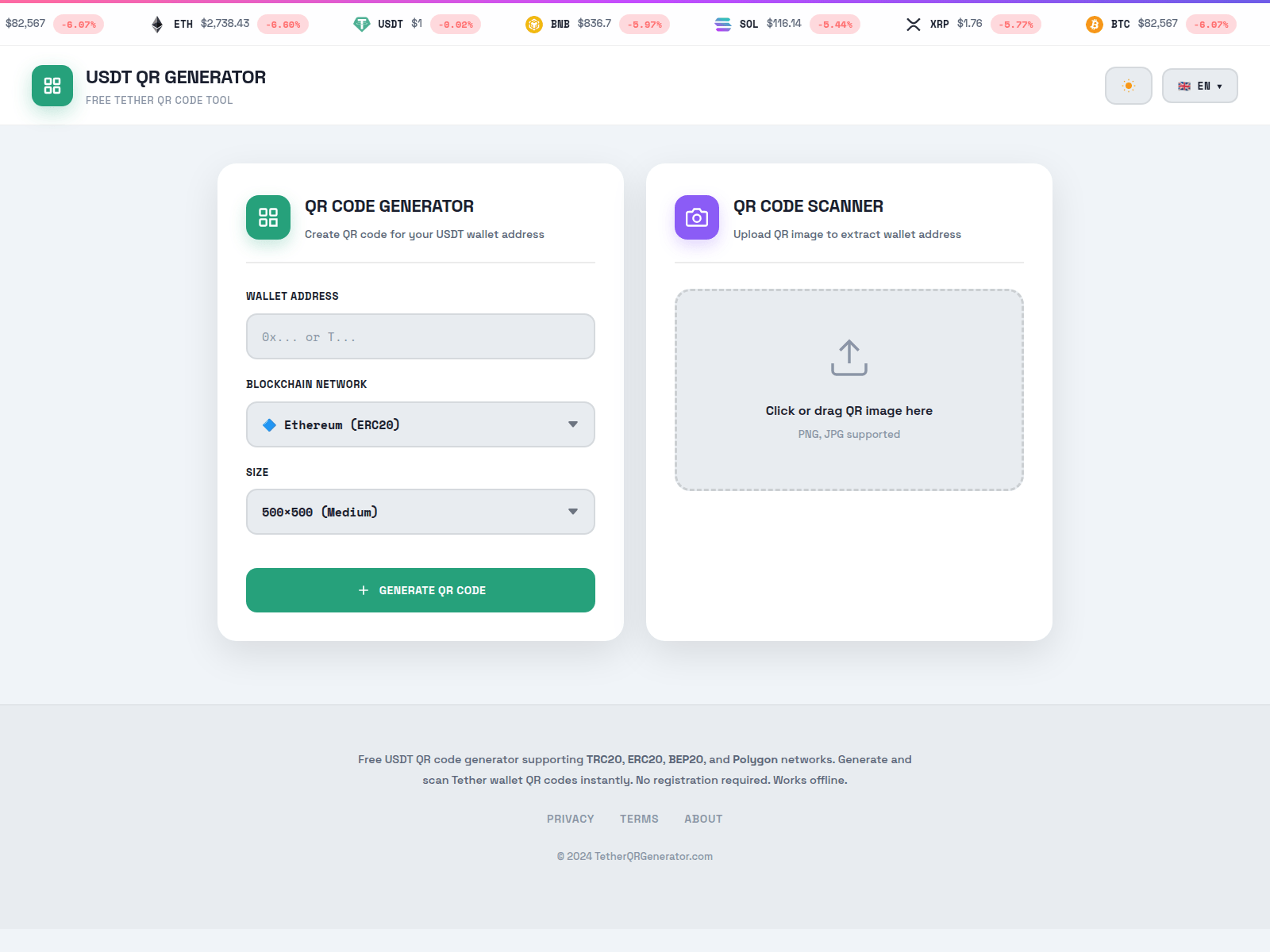 Screenshot of tetherqrgenerator.com