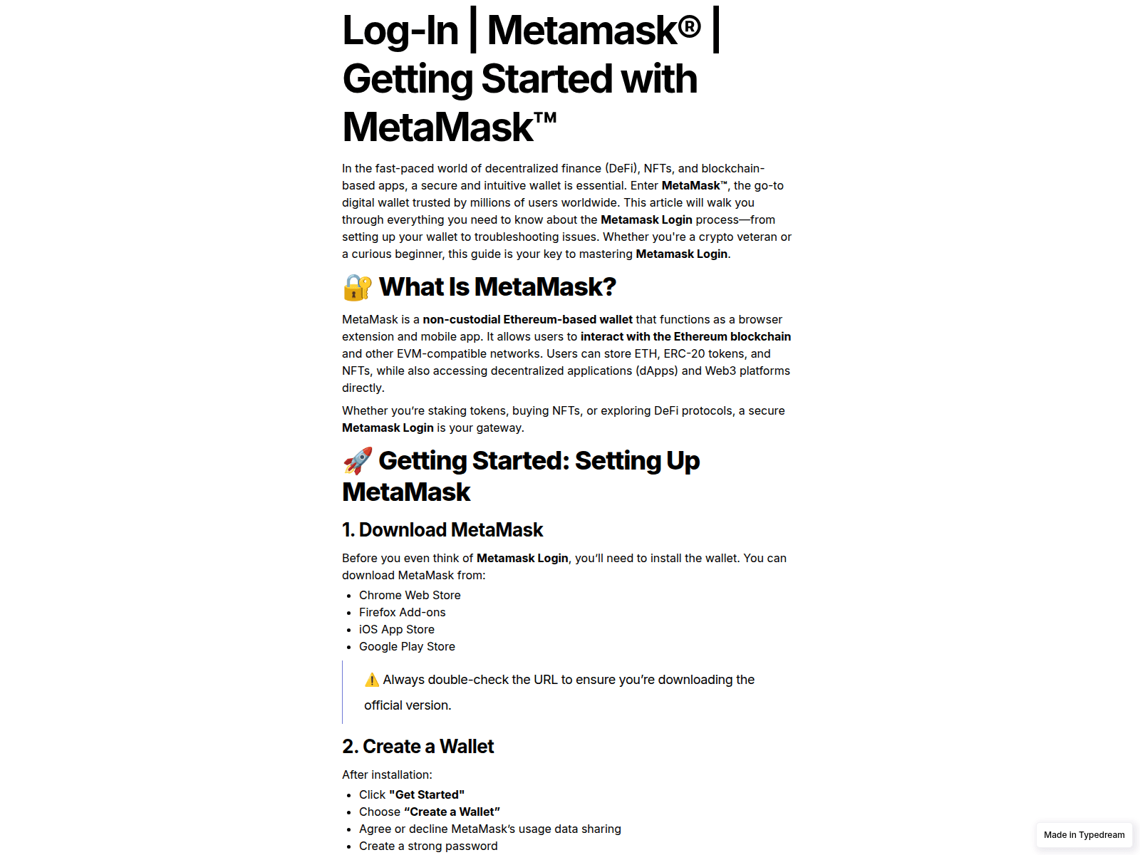 Screenshot of web-page-metamask-login.typedream.app