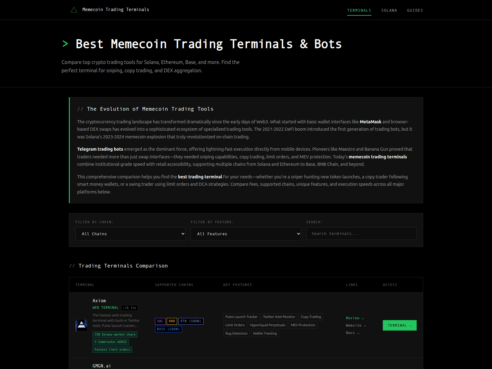 Screenshot of memecointradingterminals.com