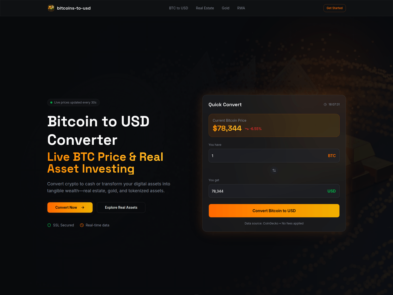 Screenshot of www.bitcoins-to-usd.com