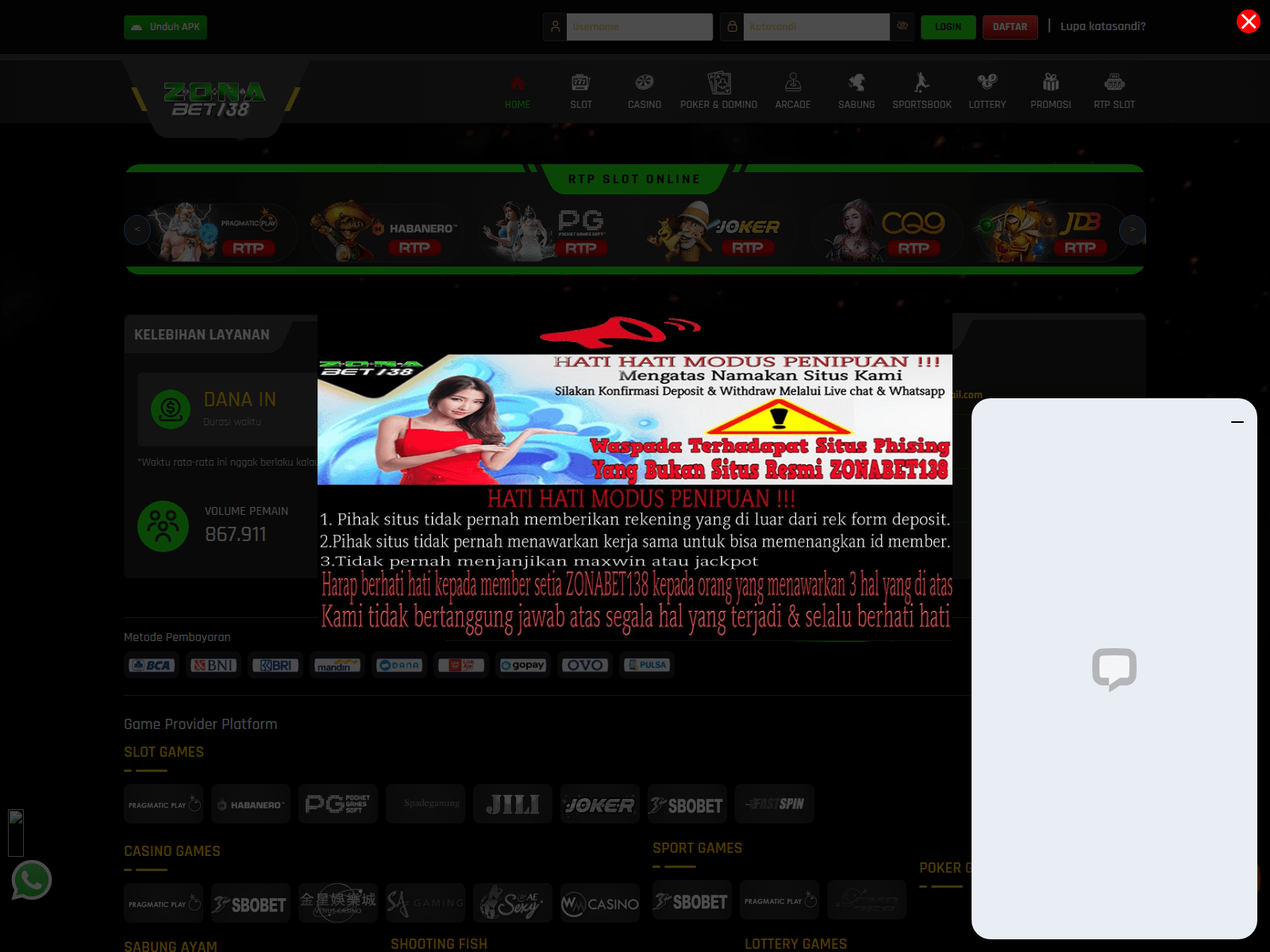 Screenshot of zonabet138.com/rtplive