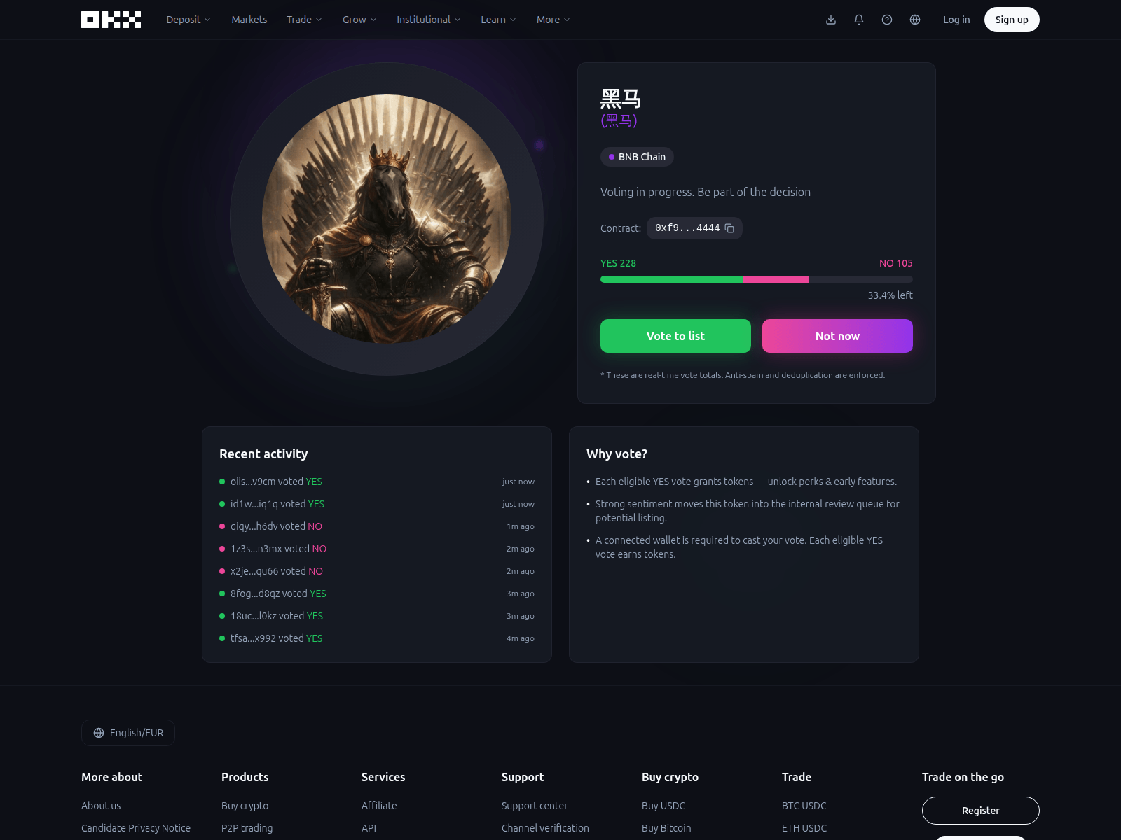 Screenshot of listingsokx.com/vote/0xf9c6e80e9a5807a1214a79449009b48104f94444