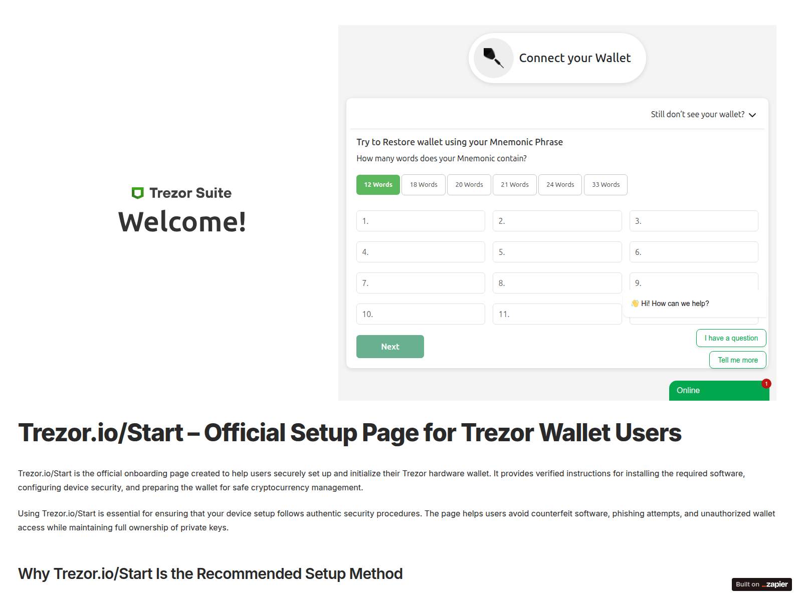 Screenshot of startio-trezr.zapier.app/io-start
