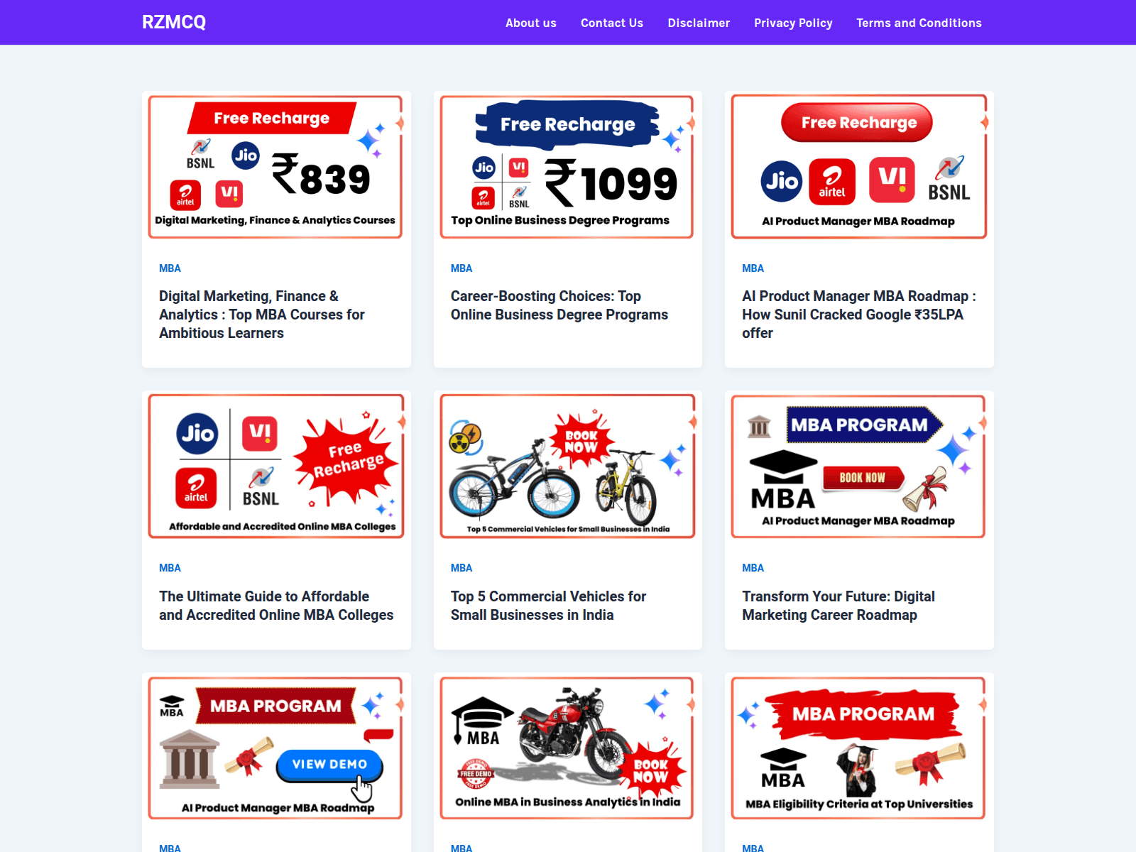Screenshot of earn.rzmcq.com
