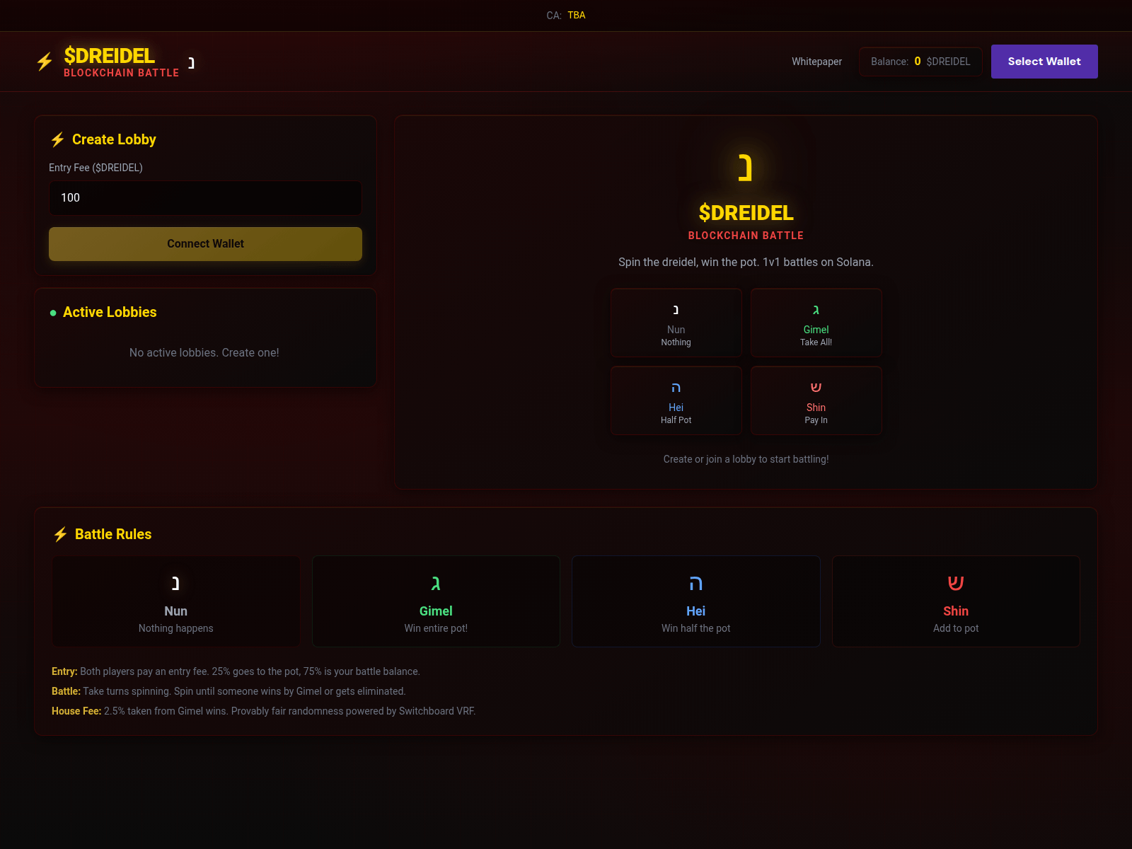 Screenshot of sol-dreidel.fun