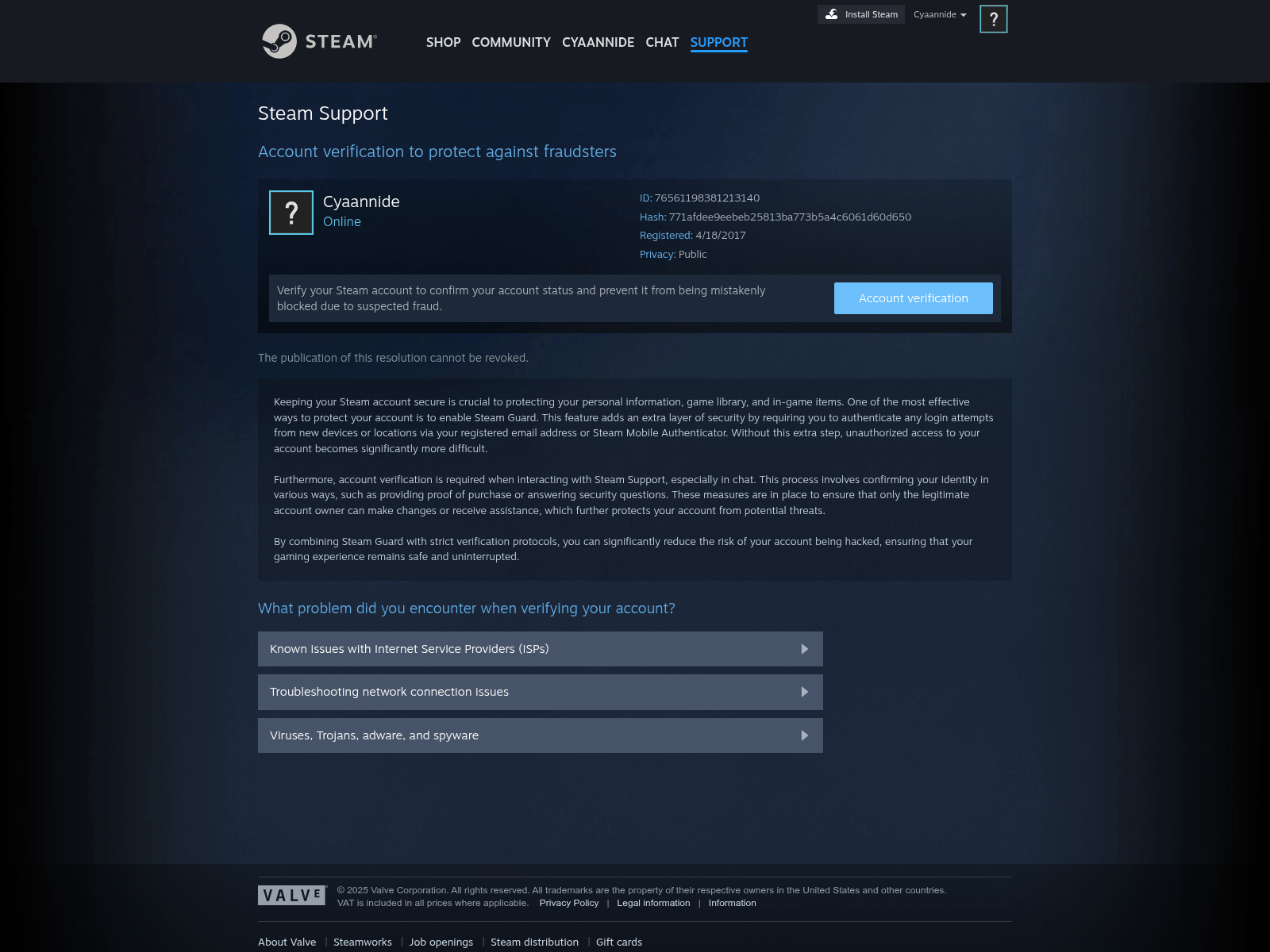 Screenshot of help.steampoweredip.com/id/76561198381213140