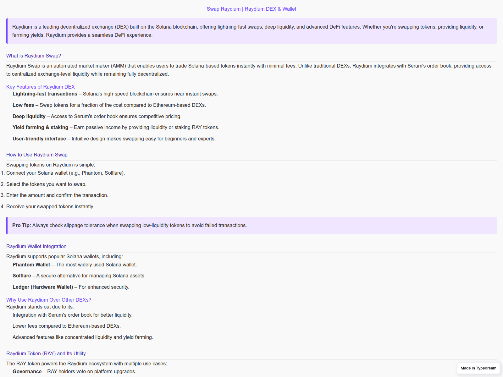 Screenshot of swpraydium.typedream.app