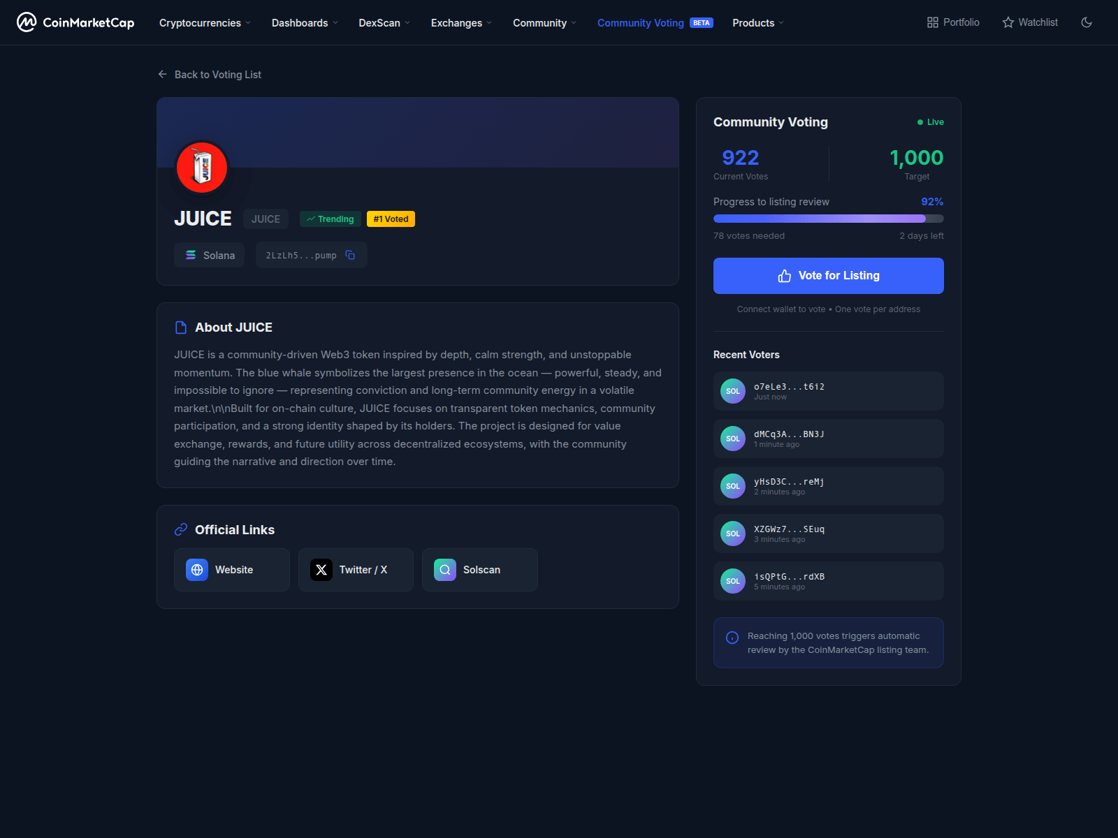 Screenshot of coinmarketcaps.fun/community/voting/2LzLh5pHg3nDQz6goTLAvDXfDbSBgAR8qem3bdXdpump?v=2
