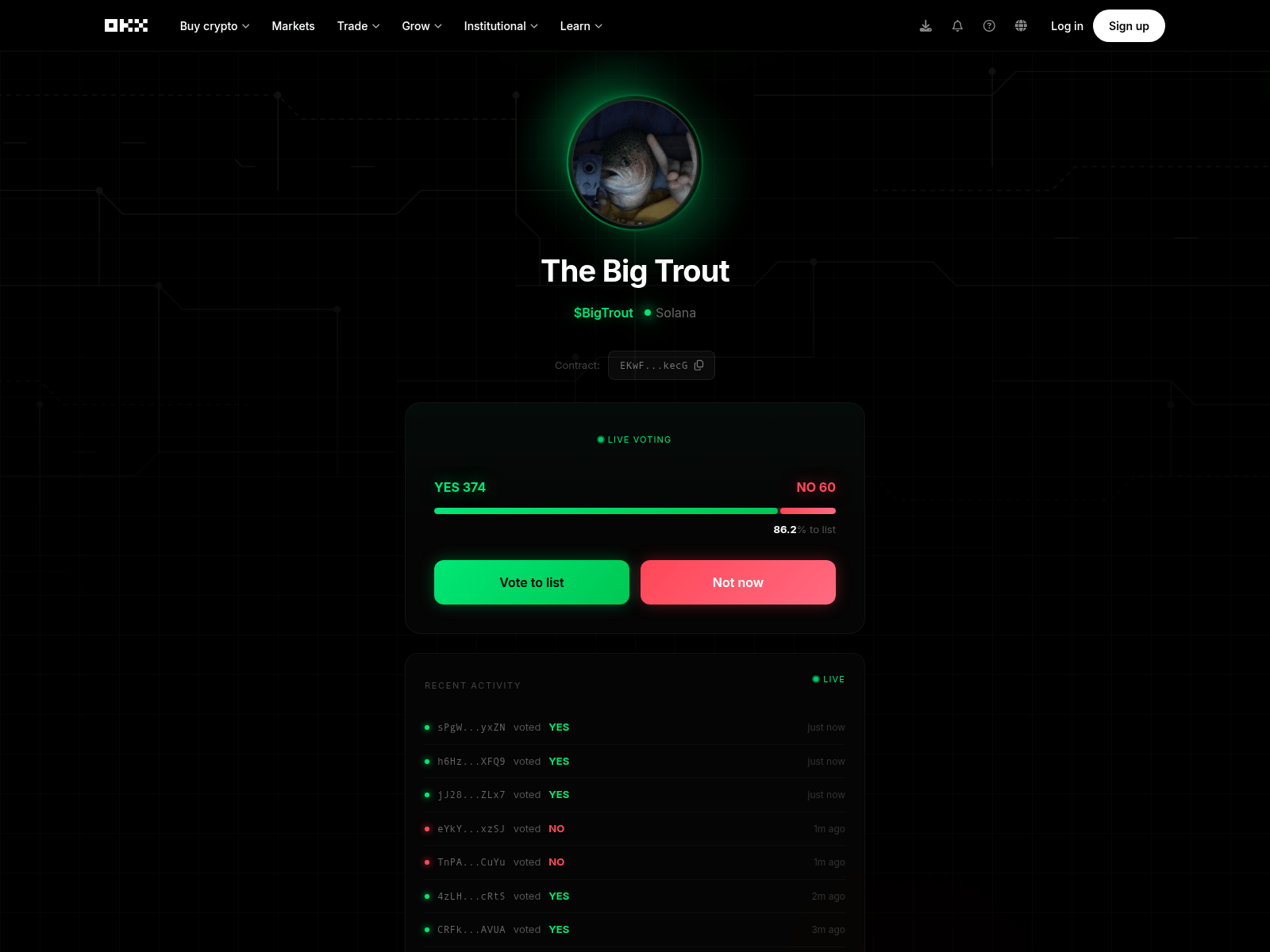 Screenshot of okxvoting.fun/vote/EKwF2HD6X4rHHr4322EJeK9QBGkqhpHZQSanSUmWkecG