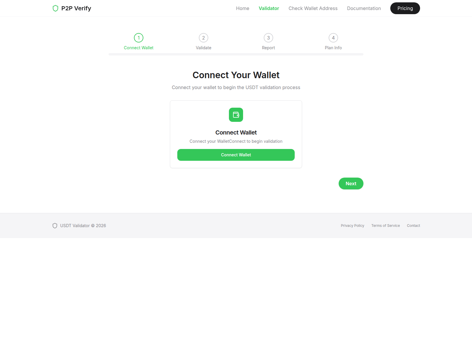 Screenshot of www.p2pverify.org/validate
