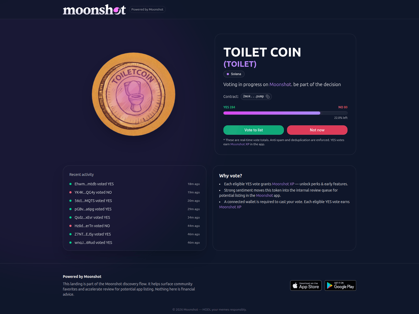 Screenshot of moonshotpolls.com/vote/2mokigmDcTtY8qccPQ835KLFPtQs67o14DHZgaNFpump