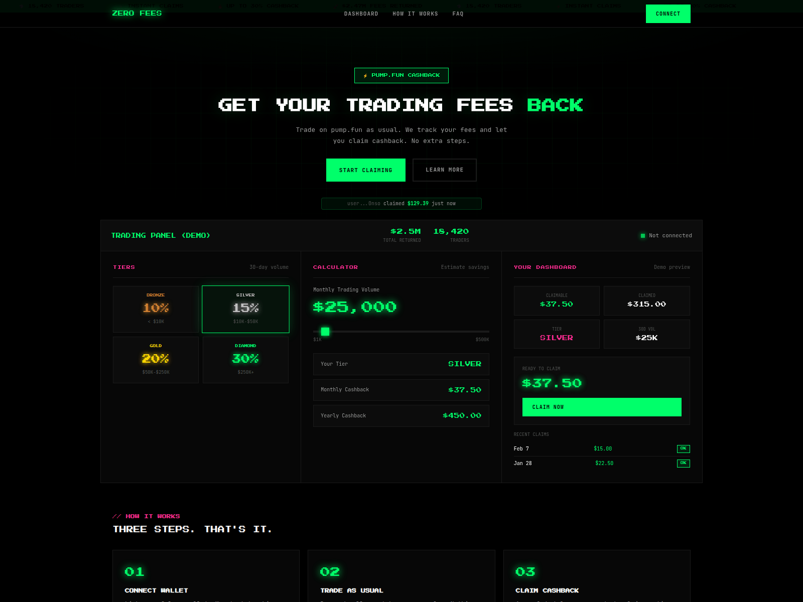 Screenshot of zerofees.fun?token=F1PW5JgpKX1VvVHAWiB2gwHovvjYm9KdMSQYSripump