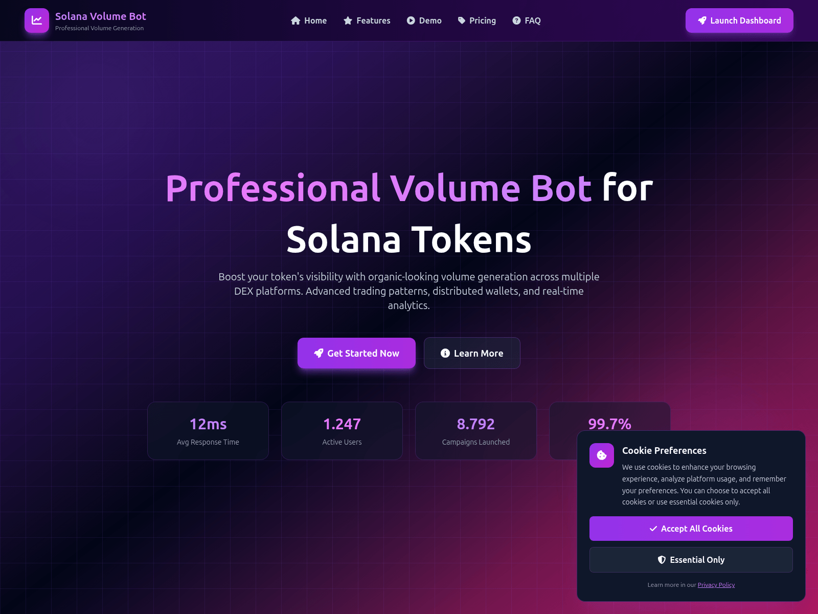 Screenshot of www.solanavolumebot.pro/dashboard