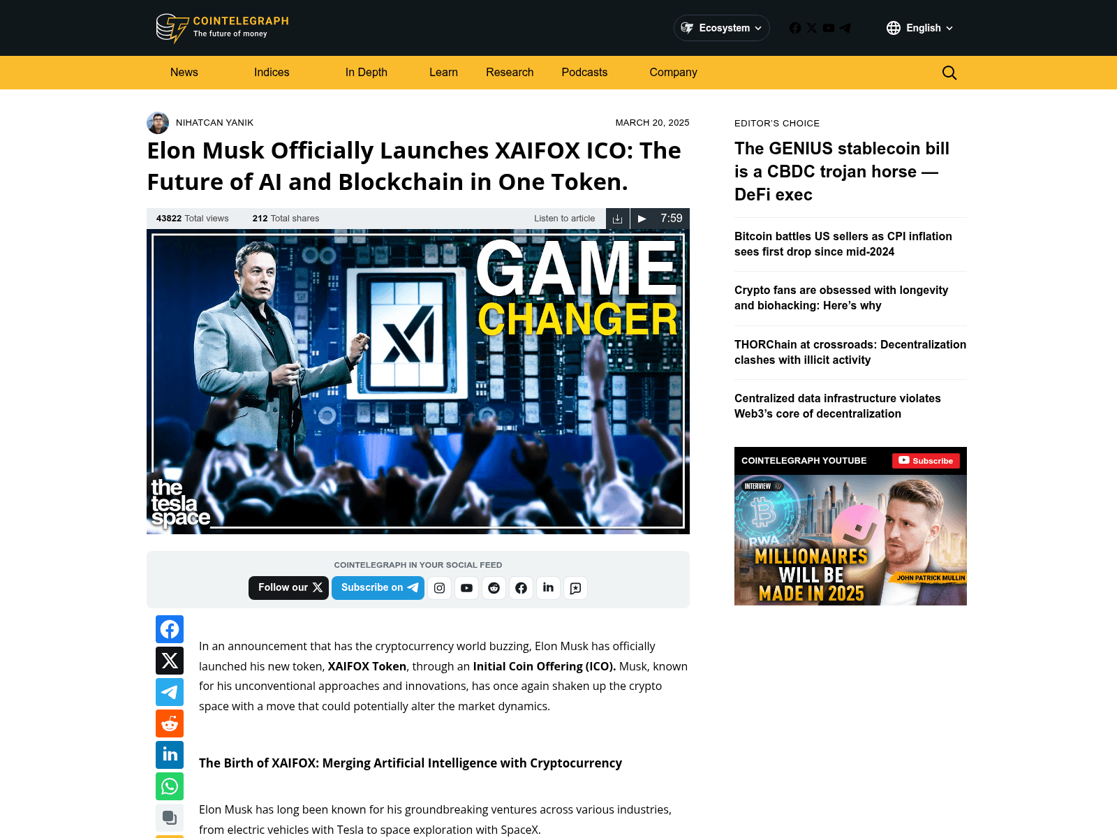 Screenshot of xaifox-cointelegraph.com